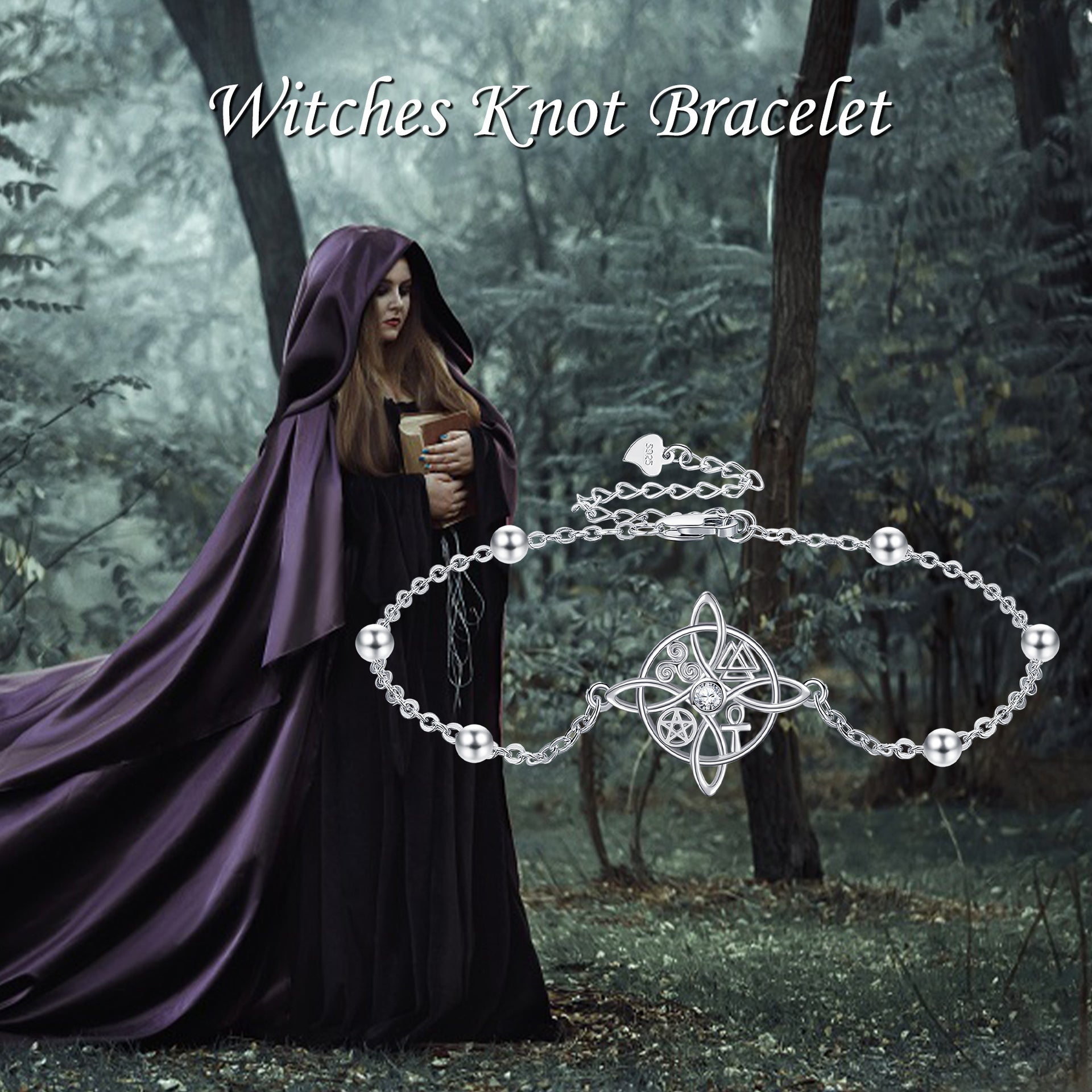 Sterling Silver Round Cubic Zirconia Witches Knot Charm Bracelet