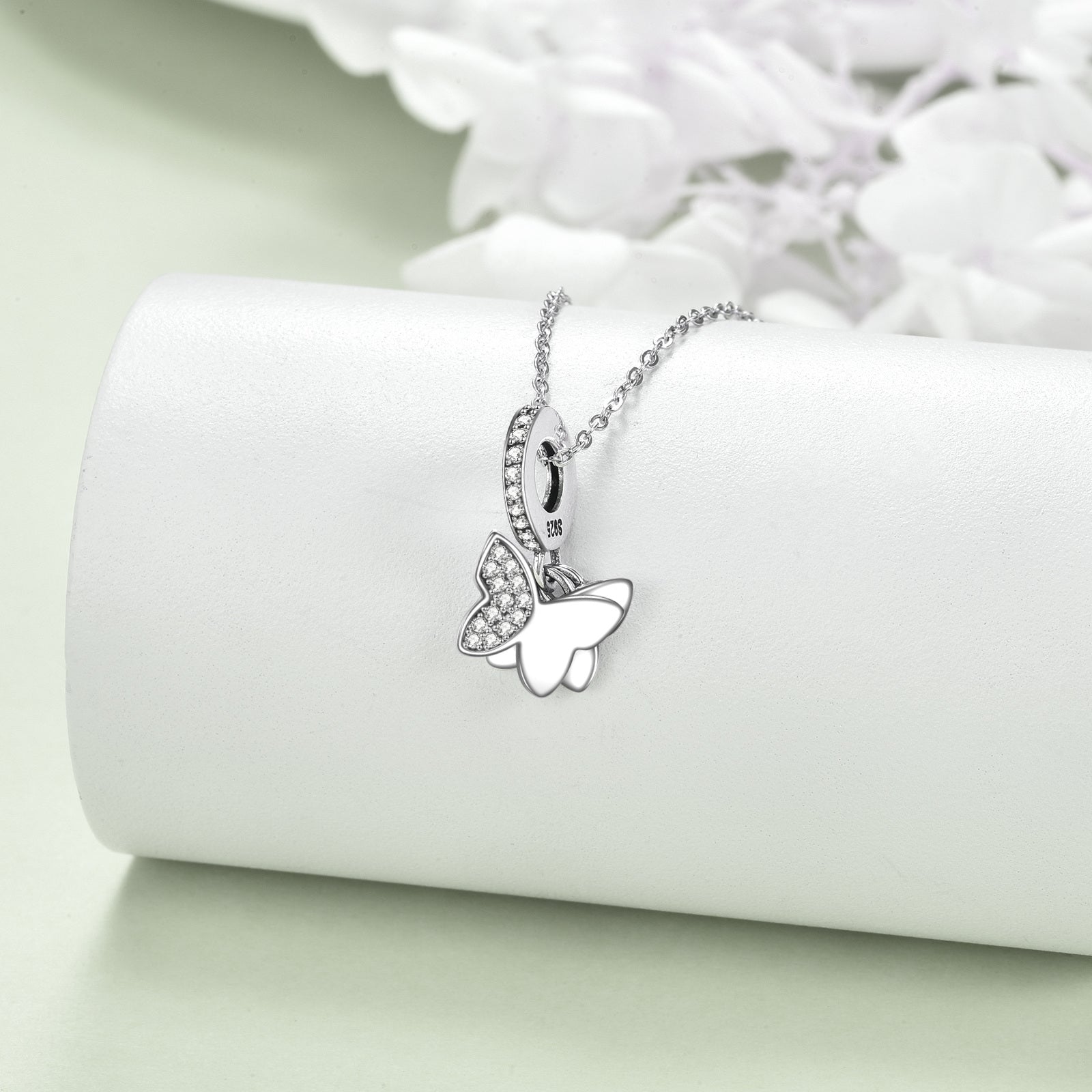 Sterling Silver Round Zircon Butterfly Pendant Necklace