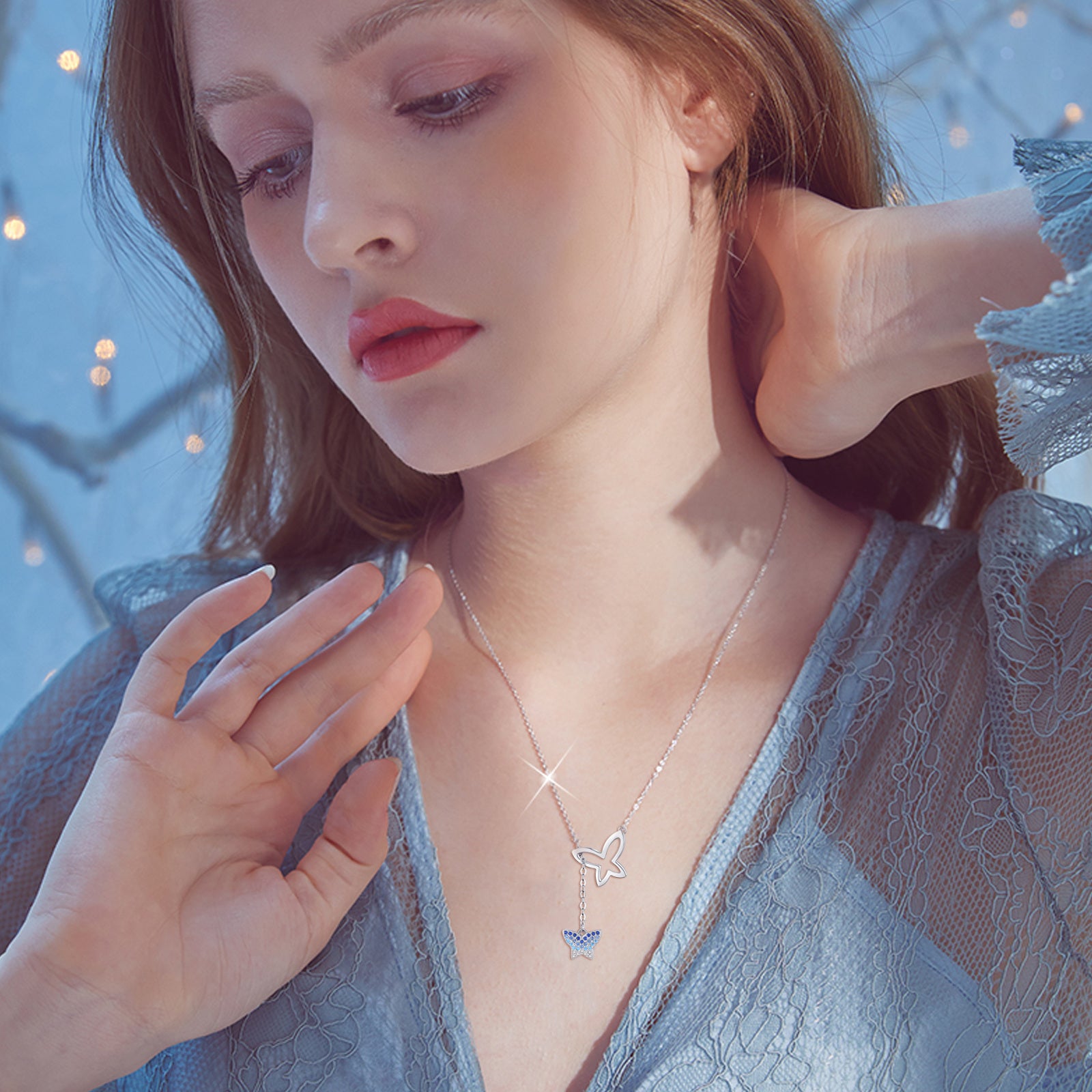 Sterling Silver Round Zircon Butterfly Pendant Necklace