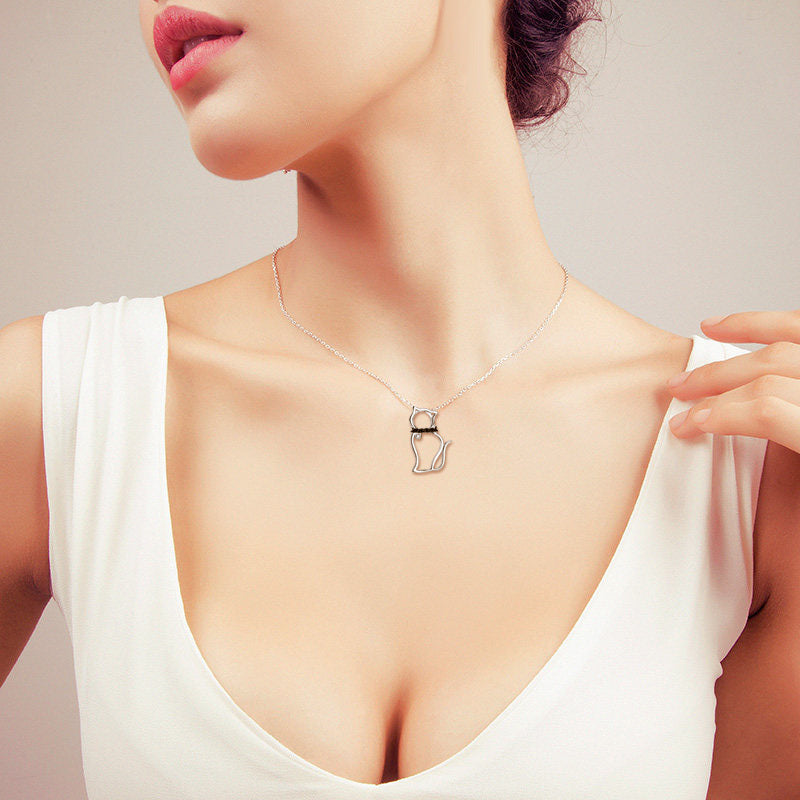 Sterling Silver Round Zircon Cat Pendant Necklace