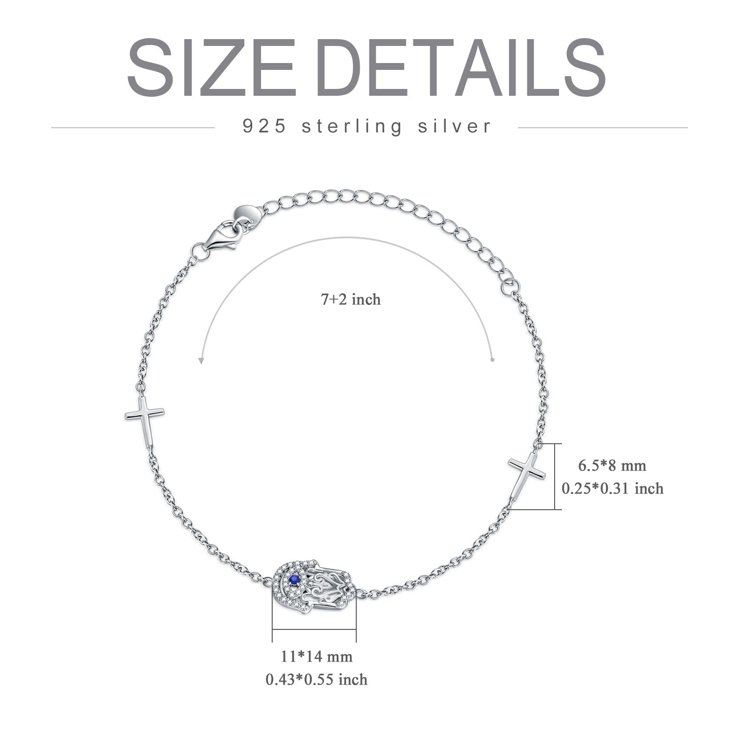 Sterling Silver Hamsa Hand Cross Evil Eye Charm Bracelet With Cubic Zirconia