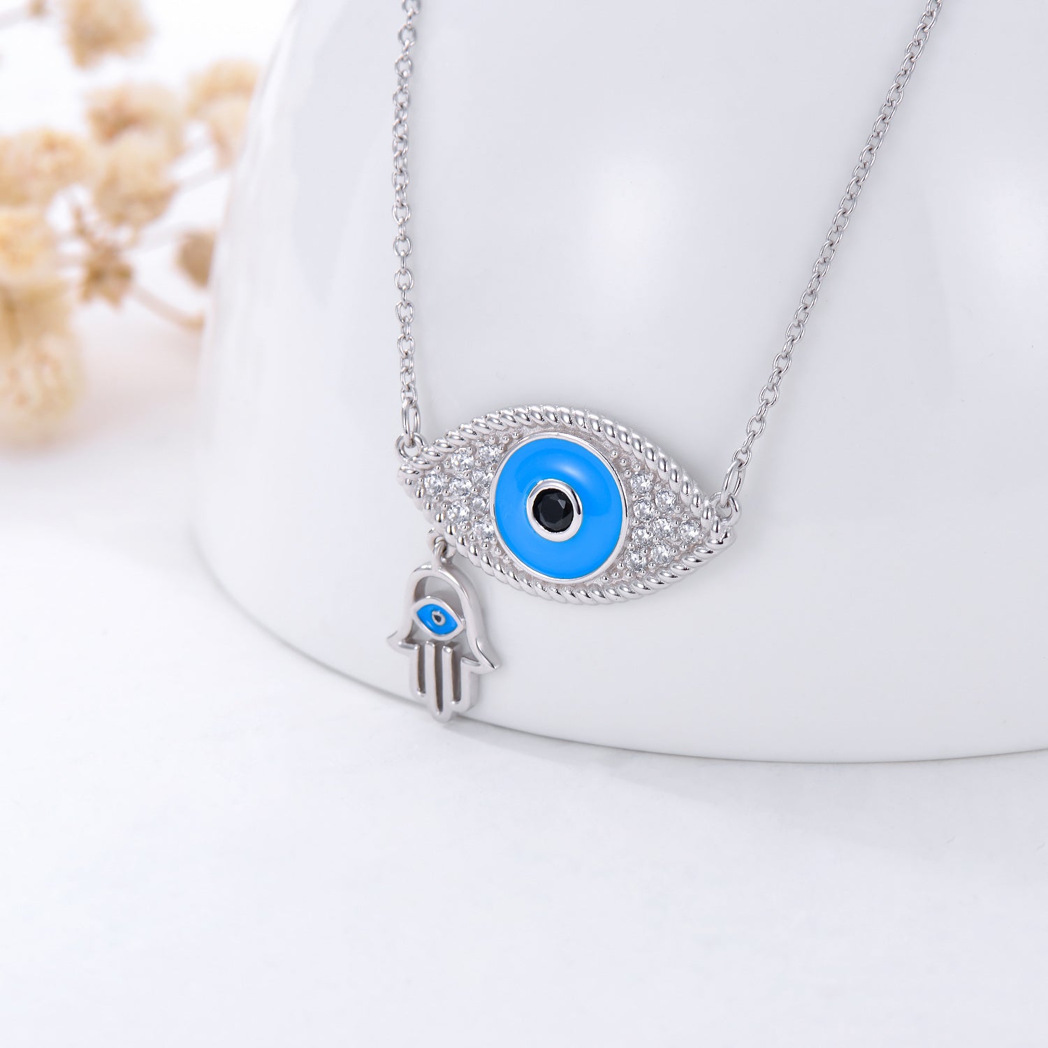 Sterling Silver Round Zircon Devil's Eye & Hand Of Fatima Pendant Necklace