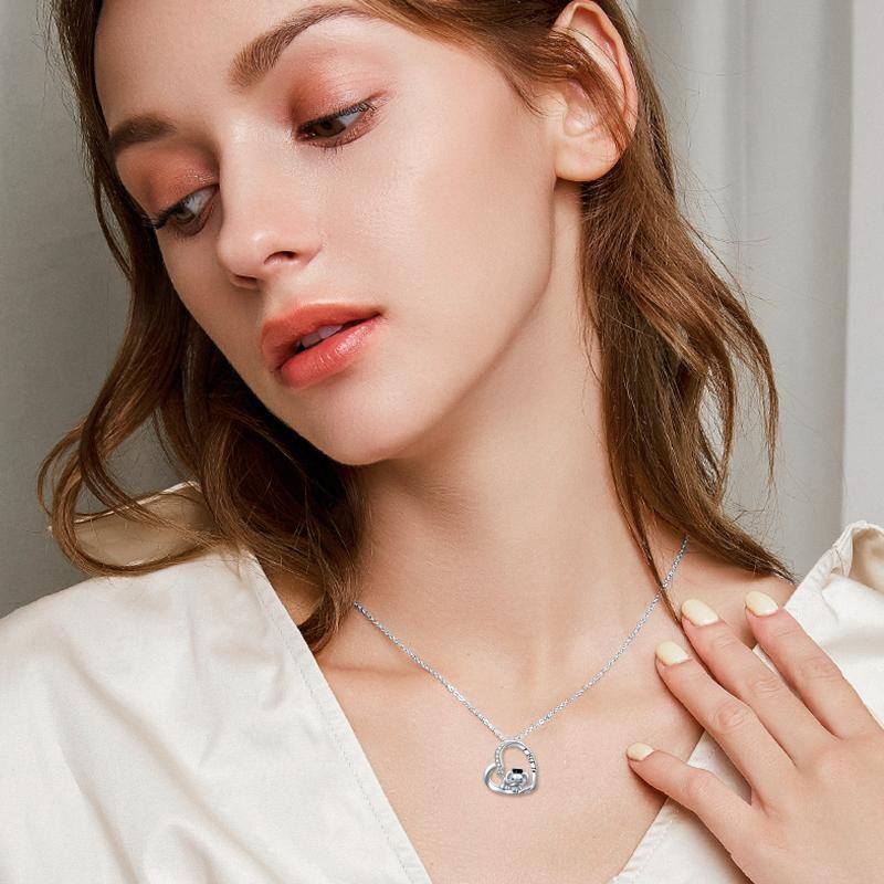 Sterling Silver Round Zircon Elephant & Heart Pendant Necklace with Engraved Word