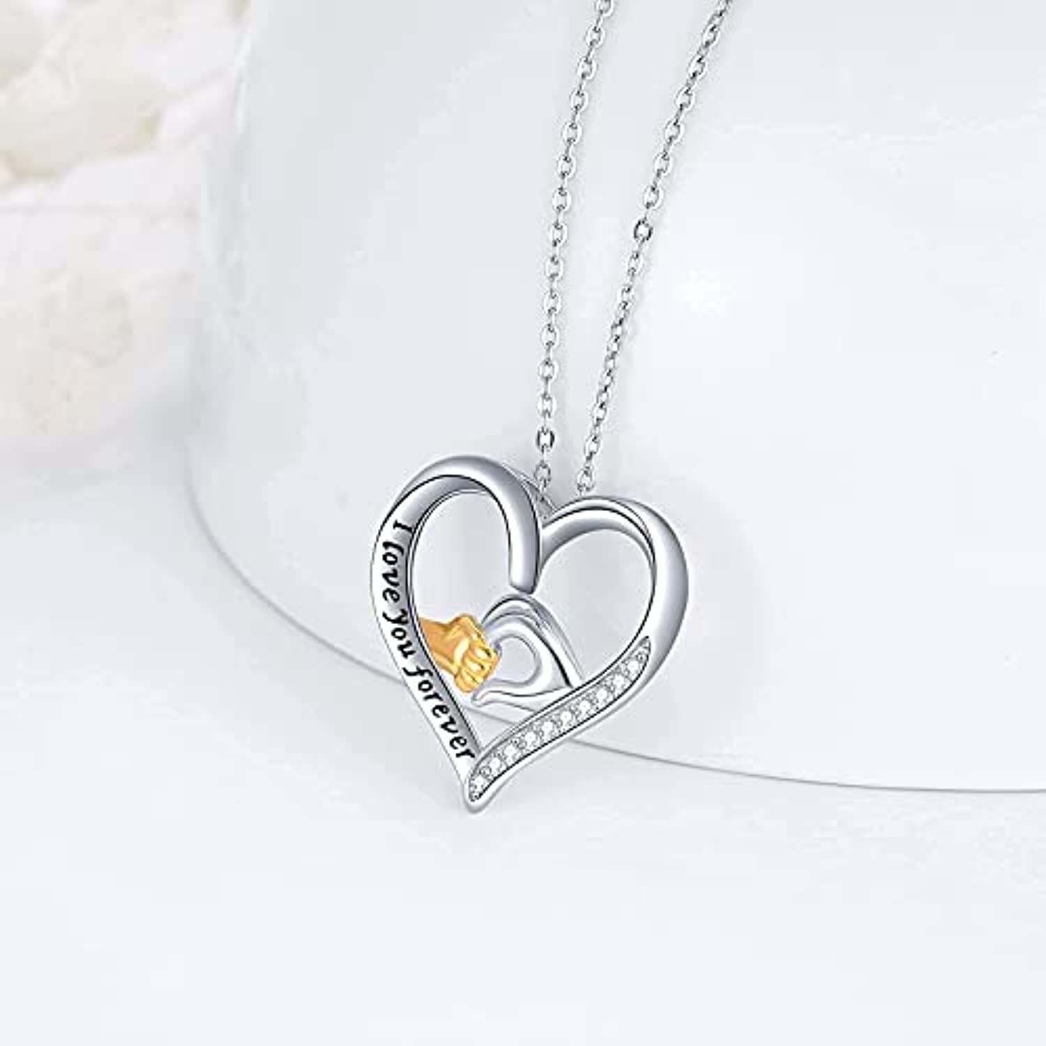 Sterling Silver Round Zircon Heart Pendant Necklace with Engraved Word