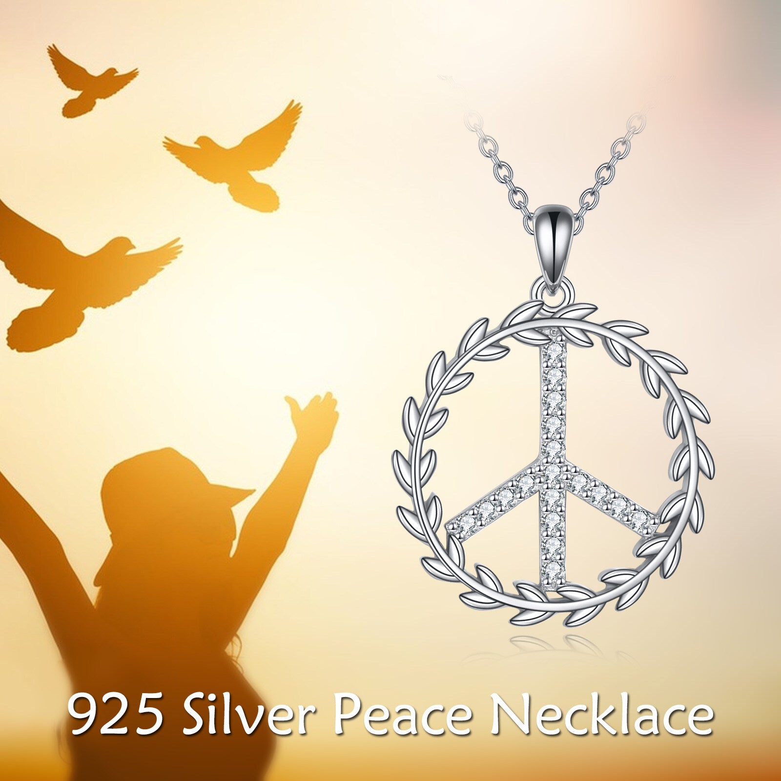 Sterling Silver Round Zircon Peace Symbol Pendant Necklace