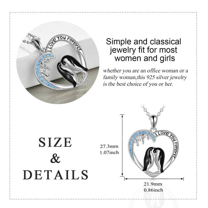 Sterling Silver Round Zircon Penguin & Heart Pendant Necklace with Engraved Word