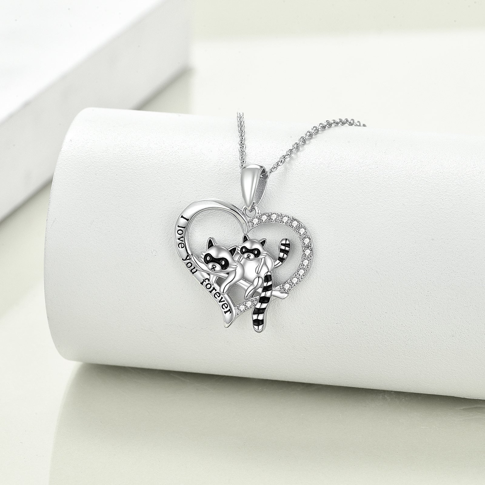 Sterling Silver Round Zircon Raccoon & Heart Pendant Necklace with Engraved Word