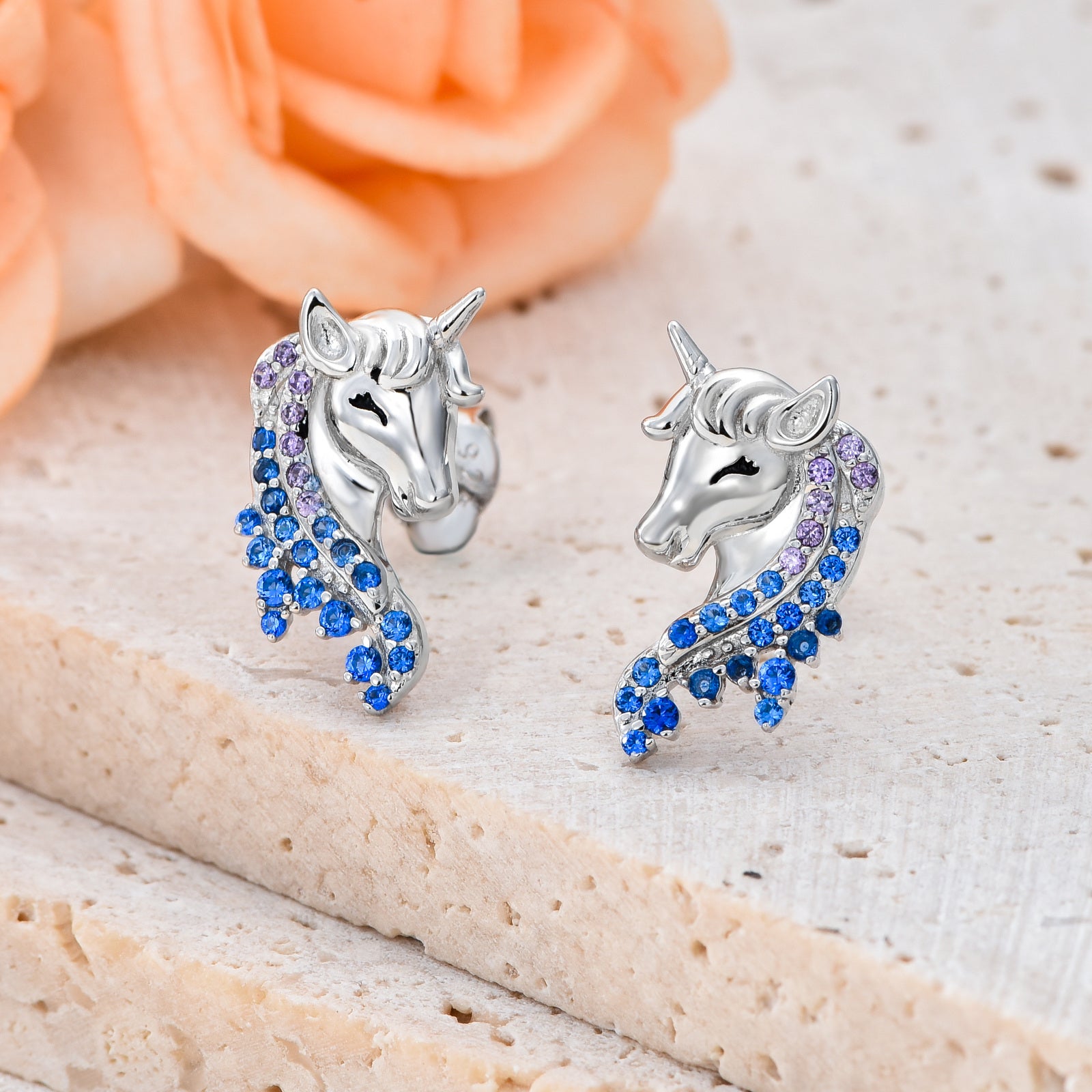 Sterling Silver Round Zircon Unicorn Stud Earrings