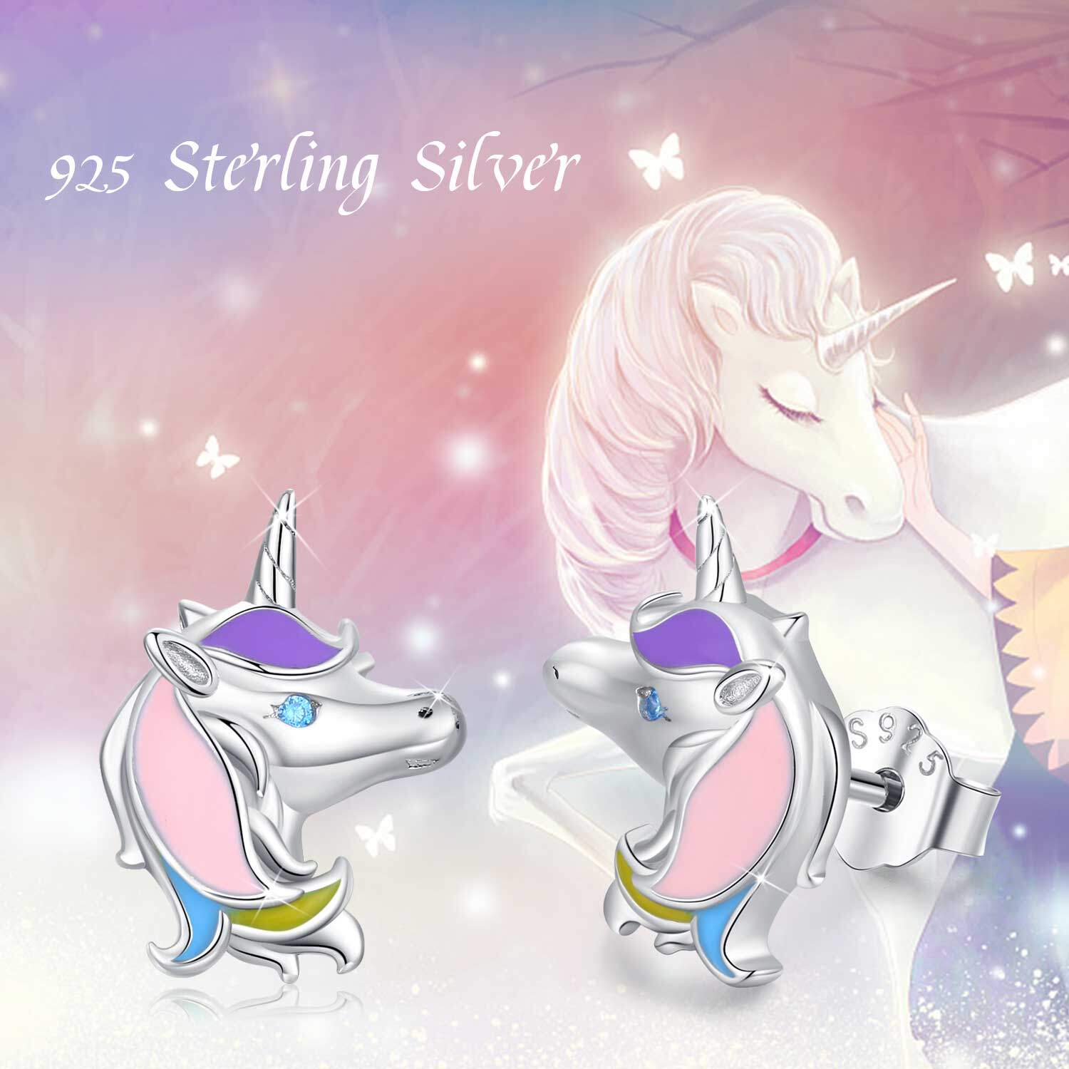 Sterling Silver Round Zircon Unicorn Stud Earrings