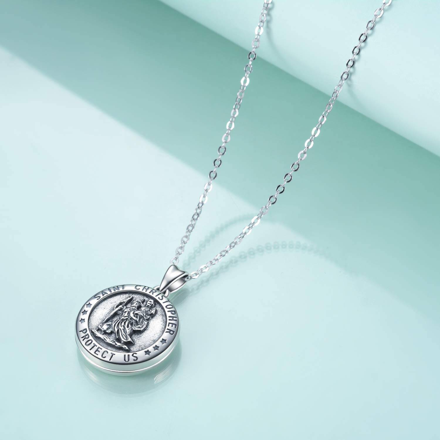 Sterling Silver Saint Christopher Personalized Photo Locket Necklace with Engraved Word