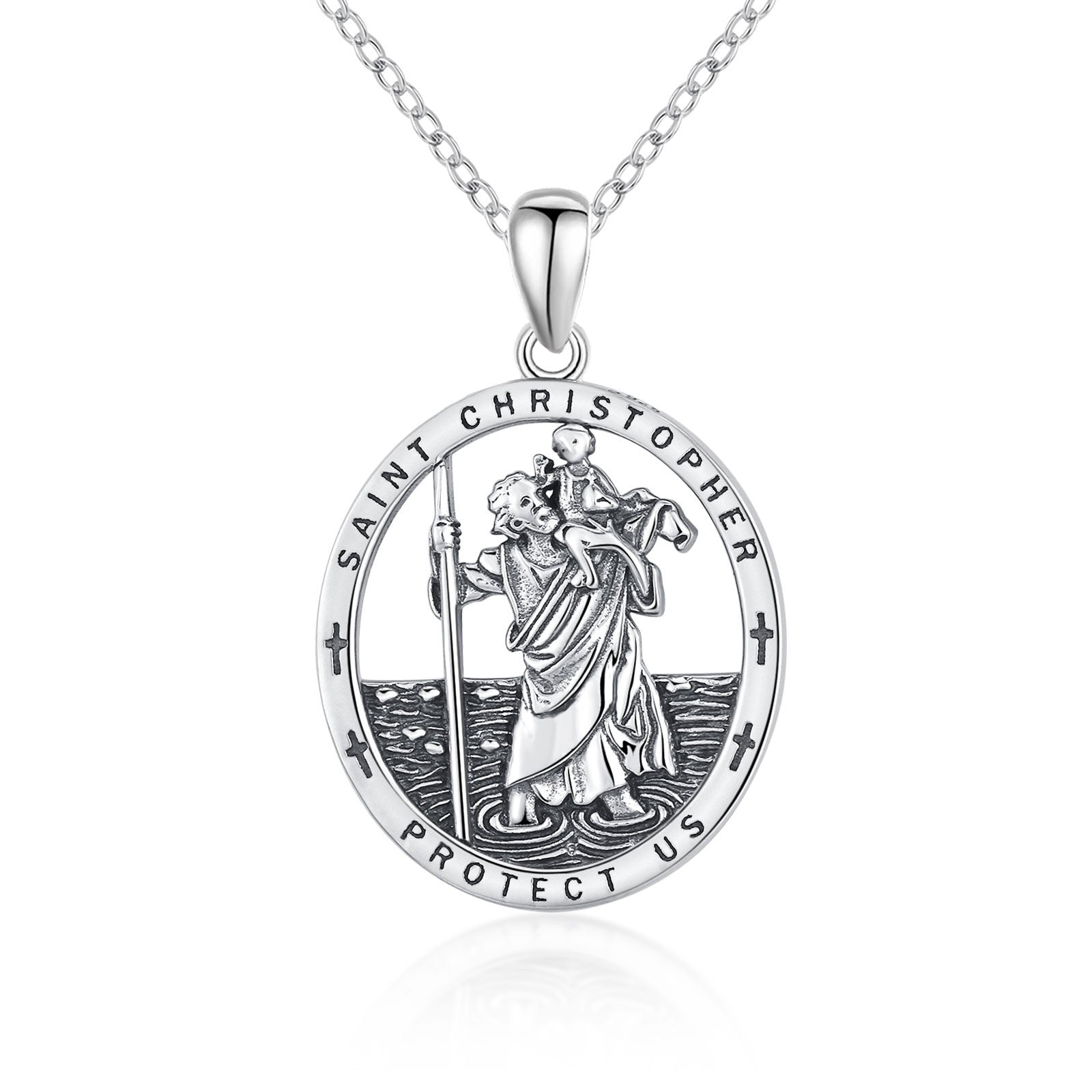 Sterling Silver Saint Christopher Protect Us Pendant Necklace