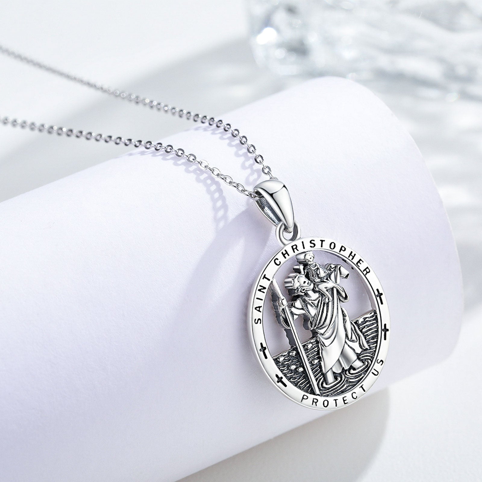 Sterling Silver Saint Christopher Protect Us Pendant Necklace