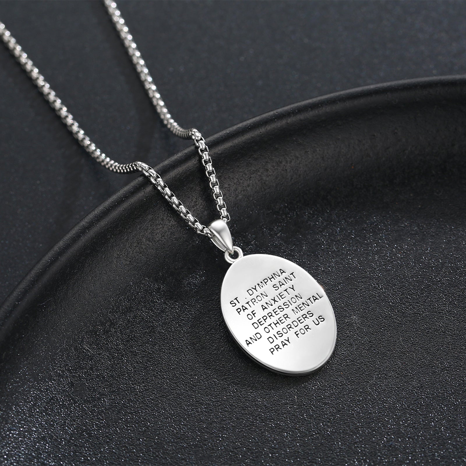 Sterling Silver Saint Dymphna Pendant Necklace with Engraved Word