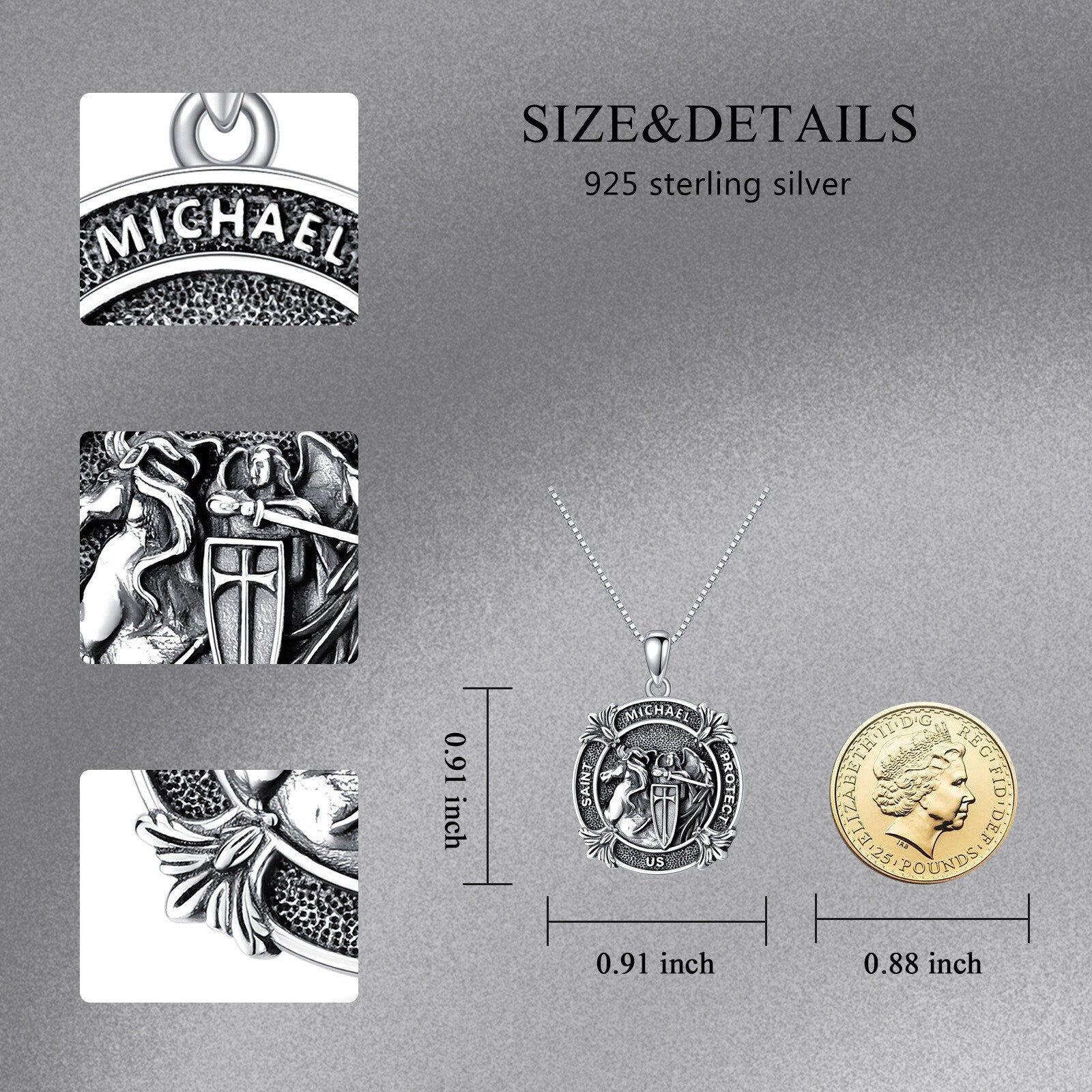 Sterling Silver Saint Michael Pendant Necklace with Engraved Word