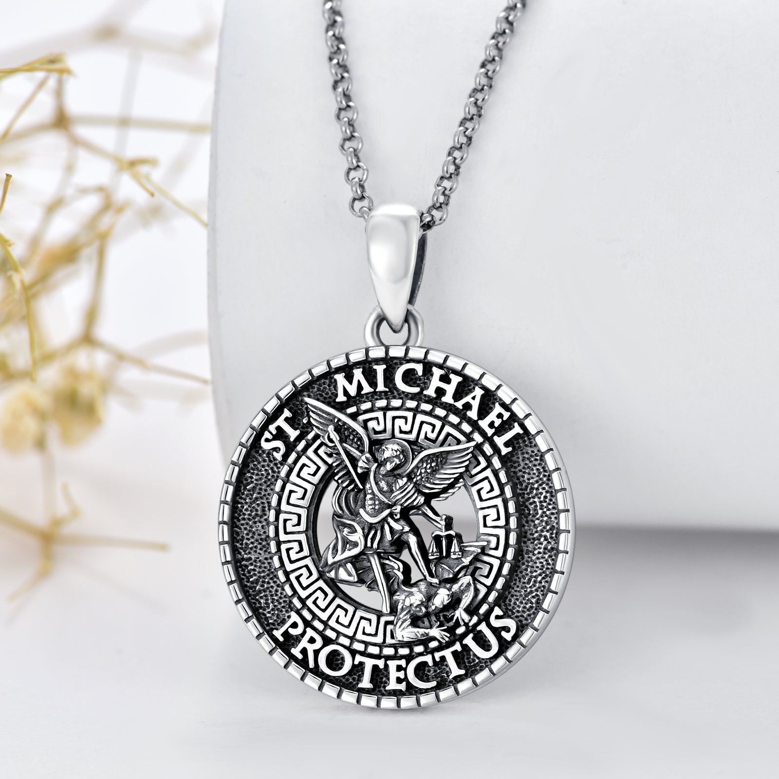 Sterling Silver Saint Michael Pendant Necklace with Engraved Words