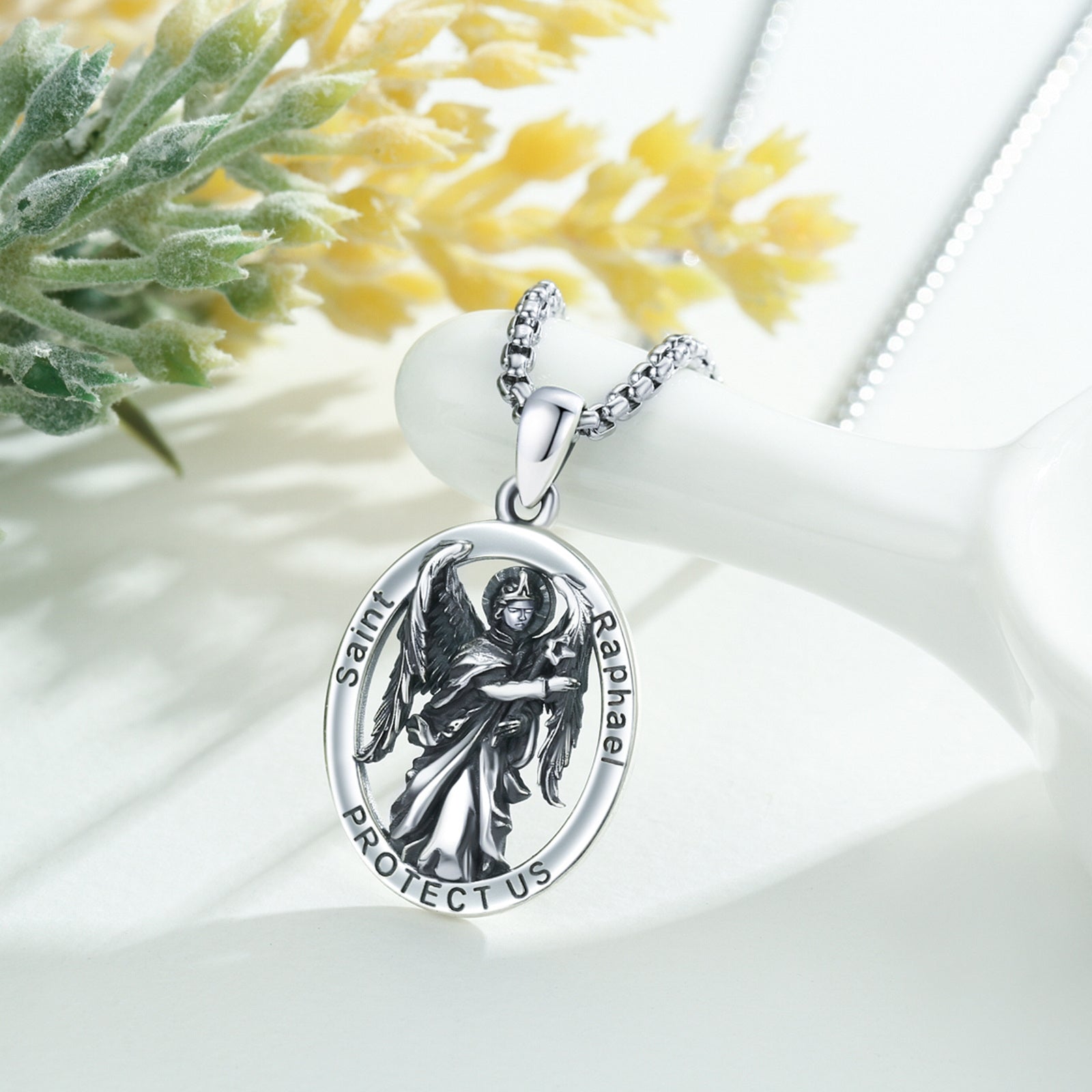 Sterling Silver Saint Raphael Protect Us Pendant Necklace with Engraved Word