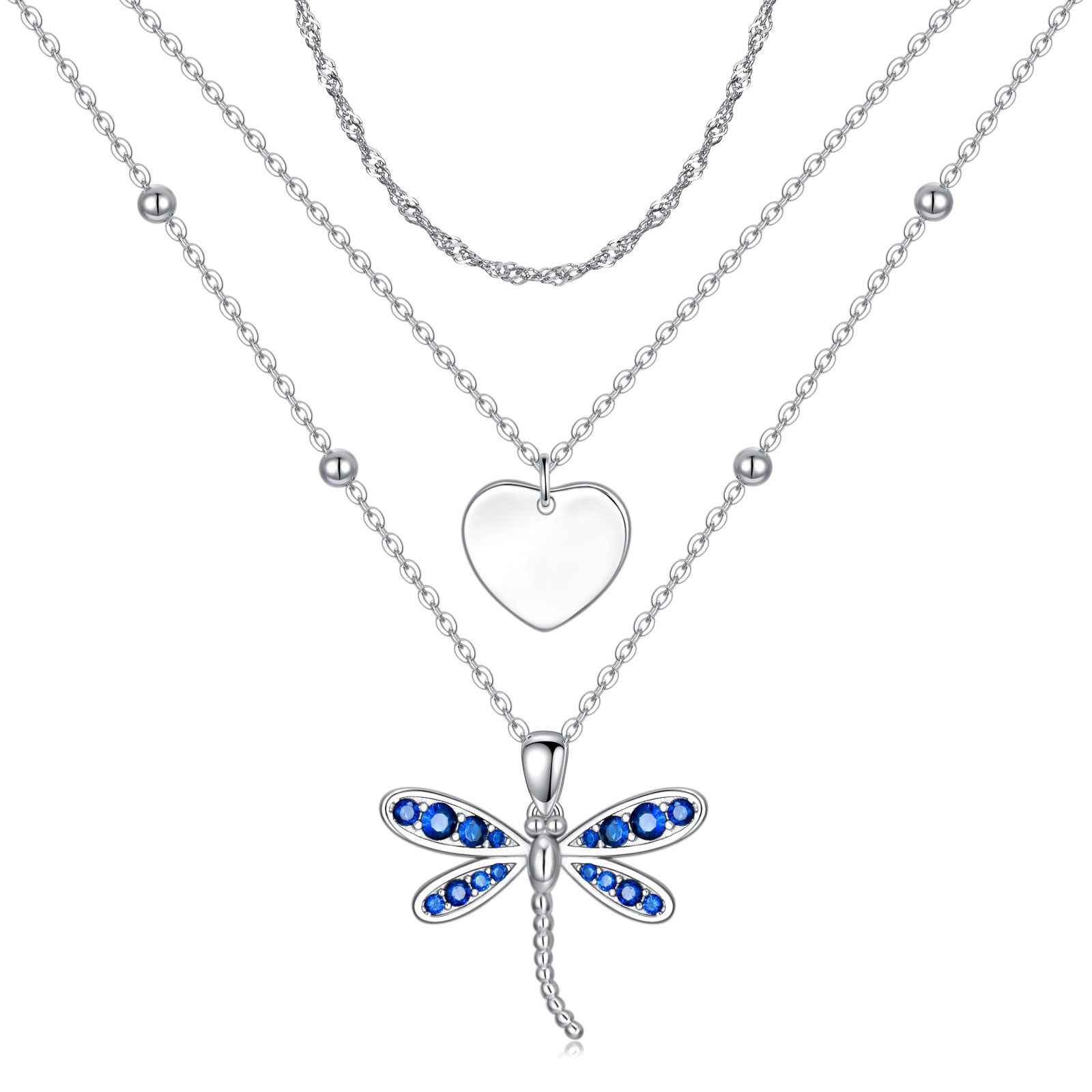 Sterling Silver Sapphire Crystal Dragonfly & Heart Layered Necklace