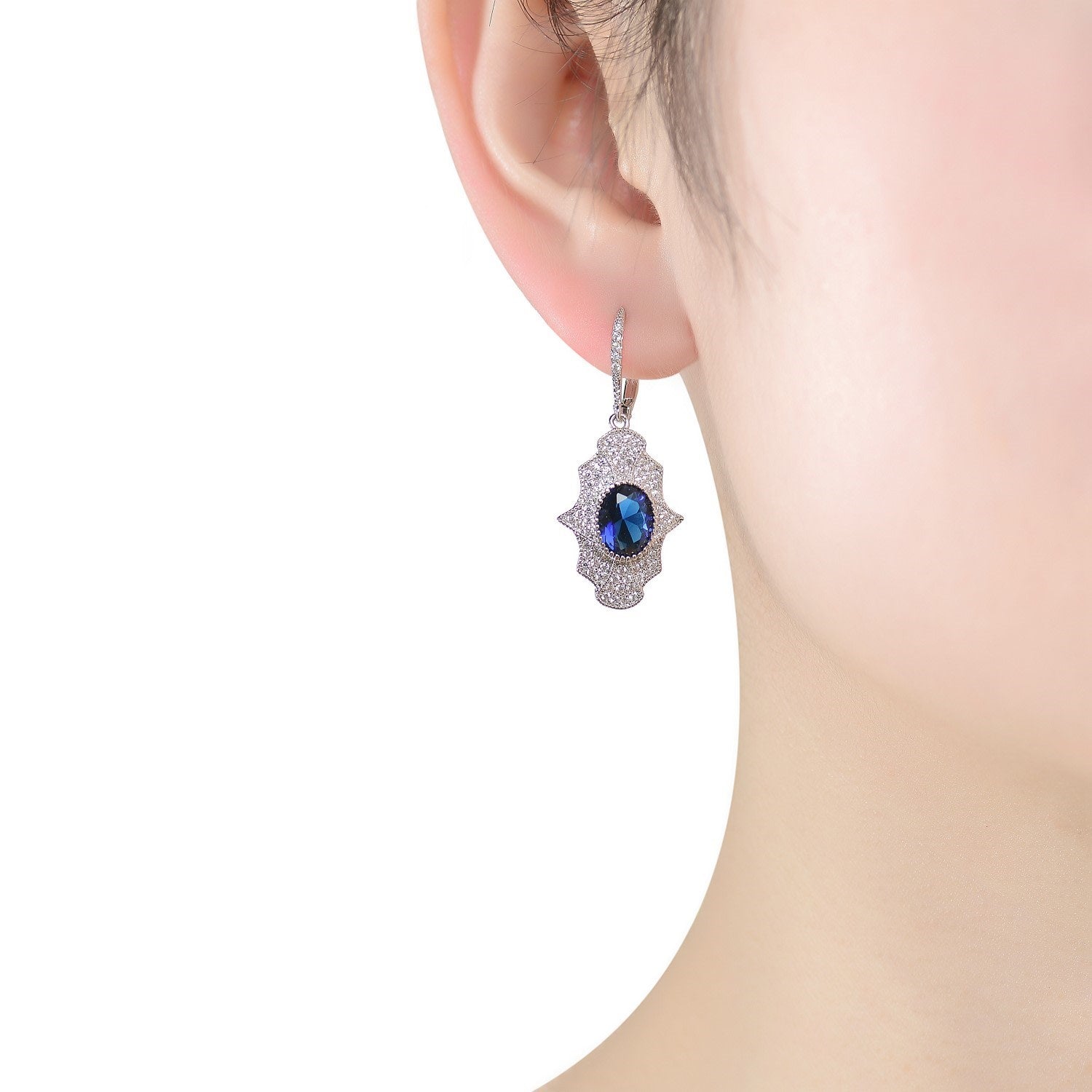 Sterling Silver Sapphire Cubic Zirconia Embelish Leverback Earrings