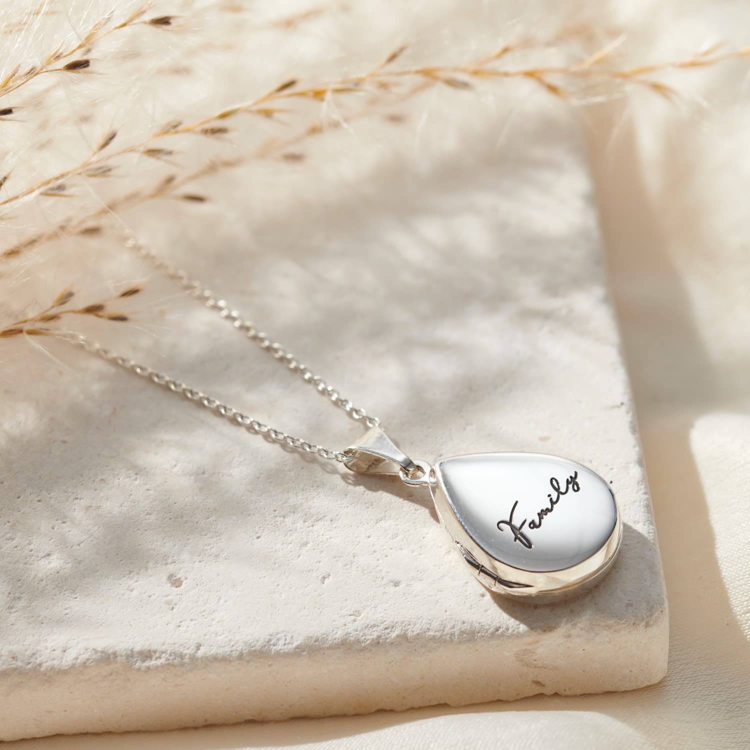 Sterling Silver Script 'Family' Small Droplet Locket Necklace