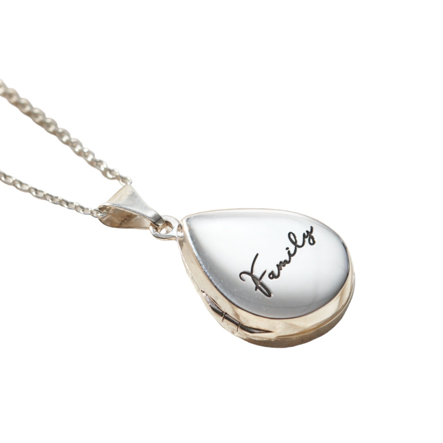 Sterling Silver Script 'Family' Small Droplet Locket Necklace