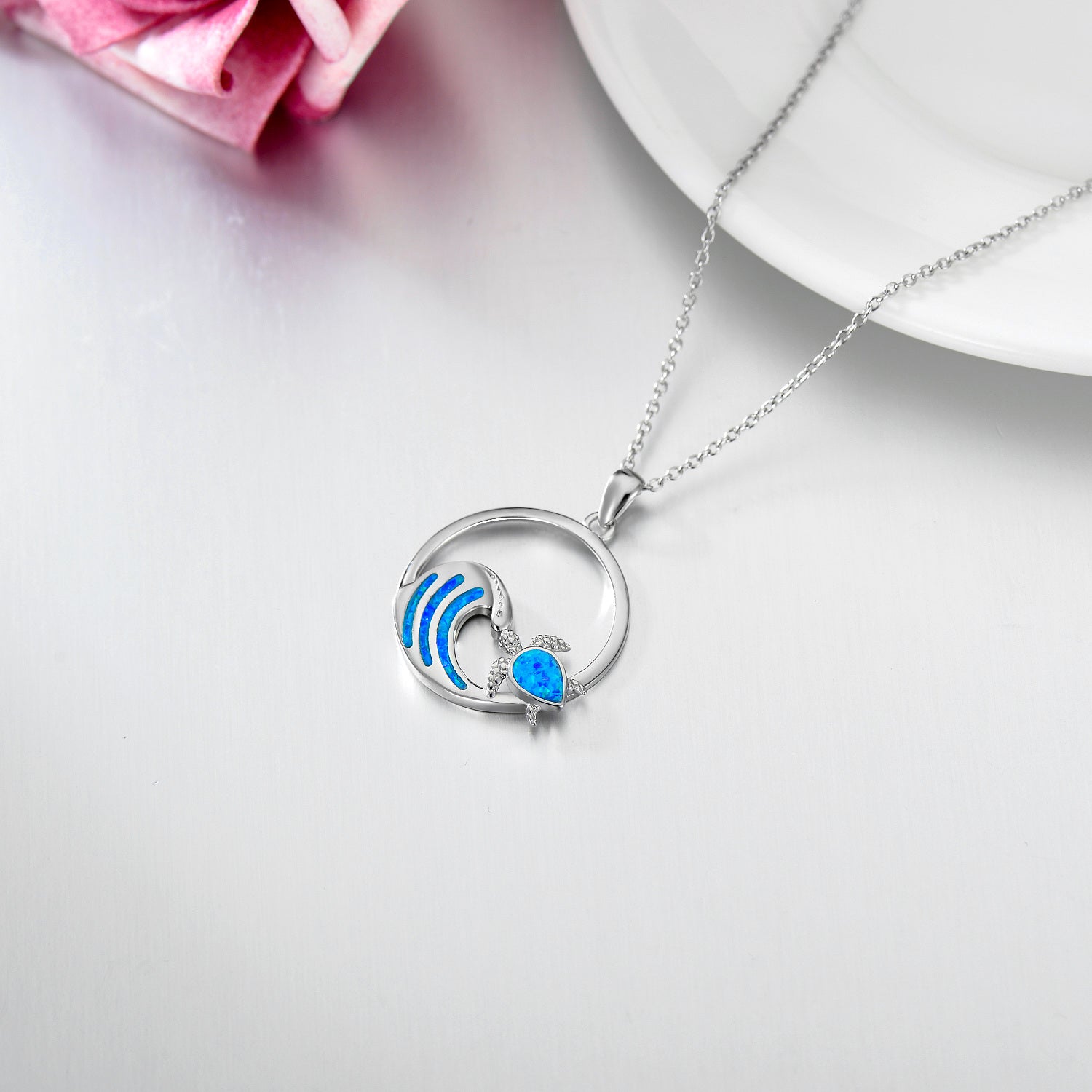 Sterling Silver Opal Tortoise & Spray Circle Necklace for Women