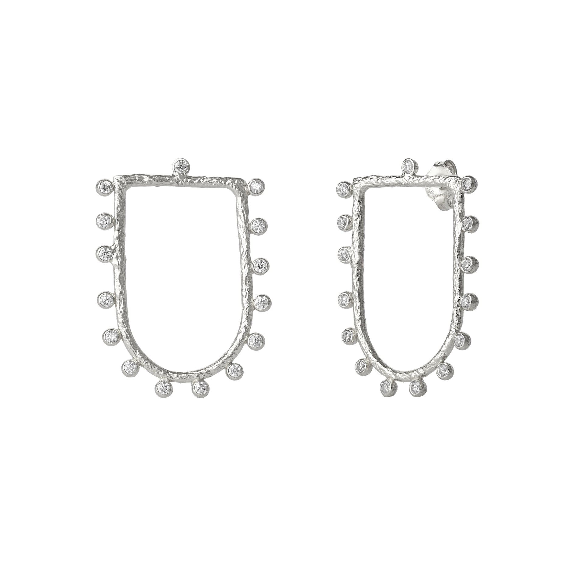Sterling Silver Shield Crown Natural Textured Earrings - Silver