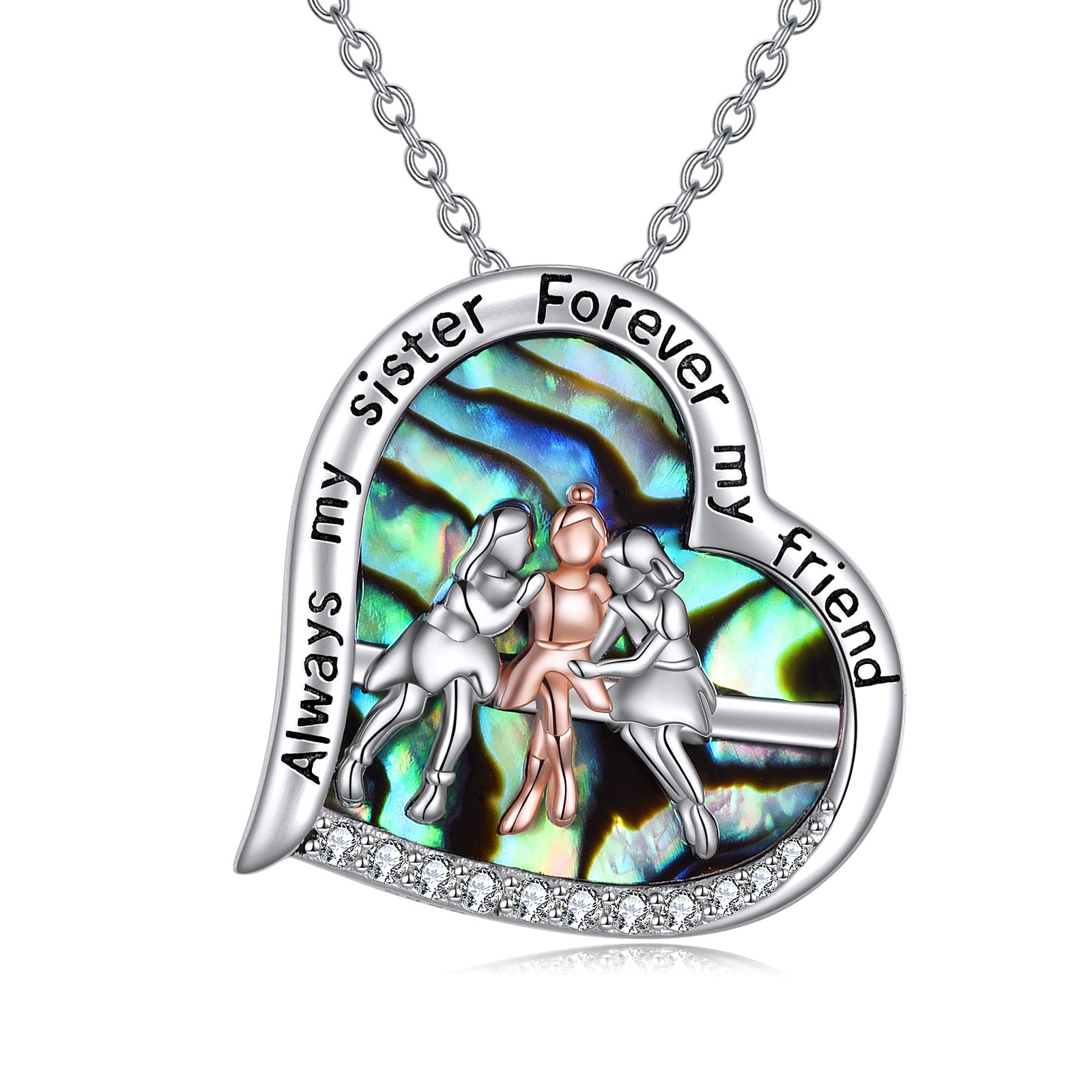 Sterling Silver Two-tone Abalone Shellfish Three Sisters Heart Engraved Necklace for Women