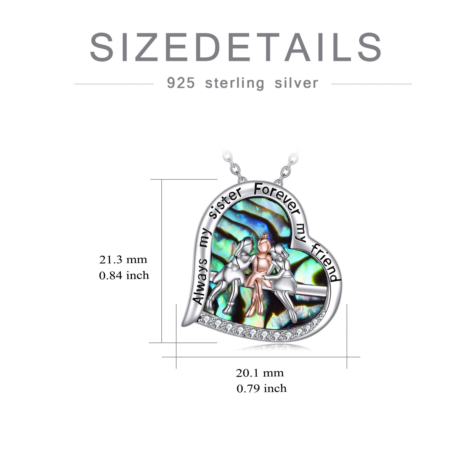 Sterling Silver Two-tone Abalone Shellfish Three Sisters Heart Engraved Necklace for Women