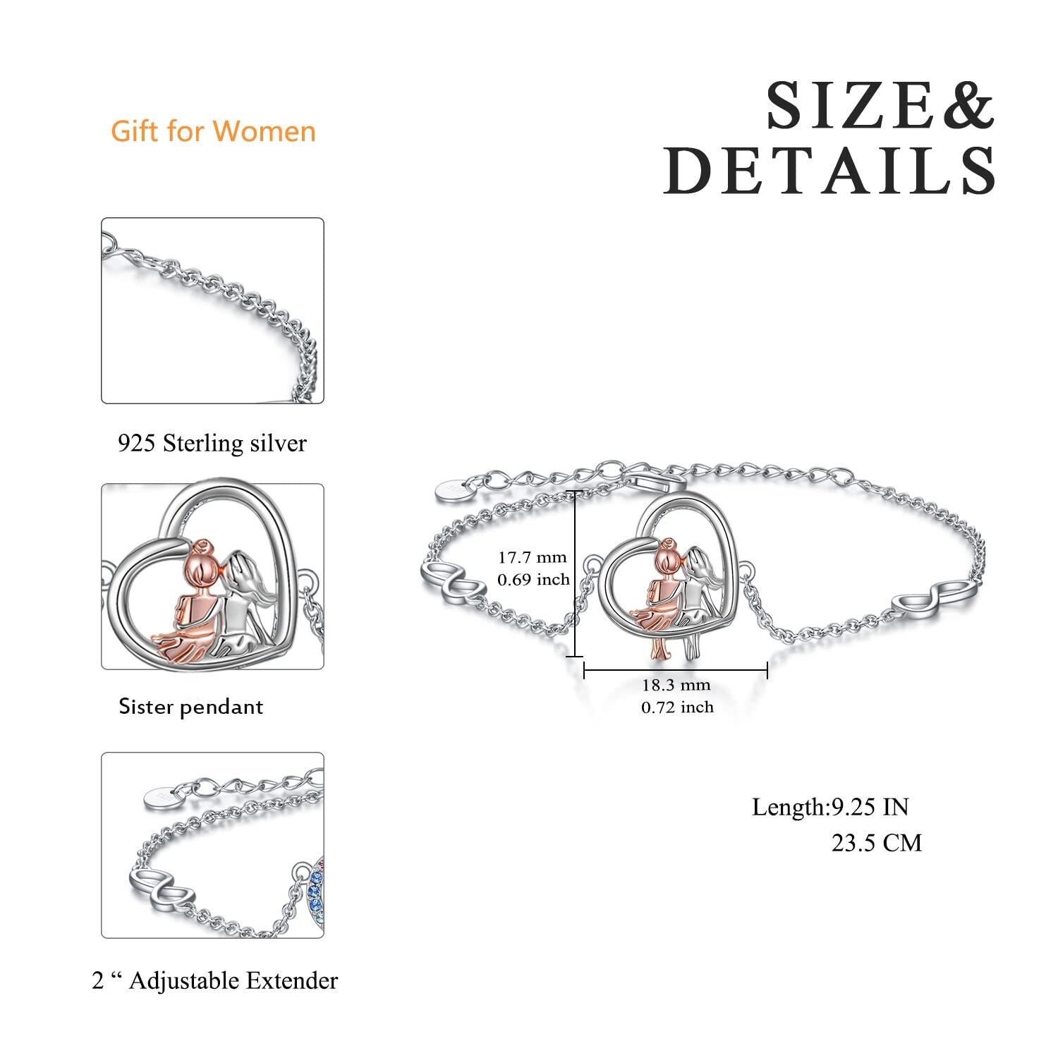 Sterling Silver Two-tone Sisters & Heart Infinity Symbol Charm Bracelet for Women