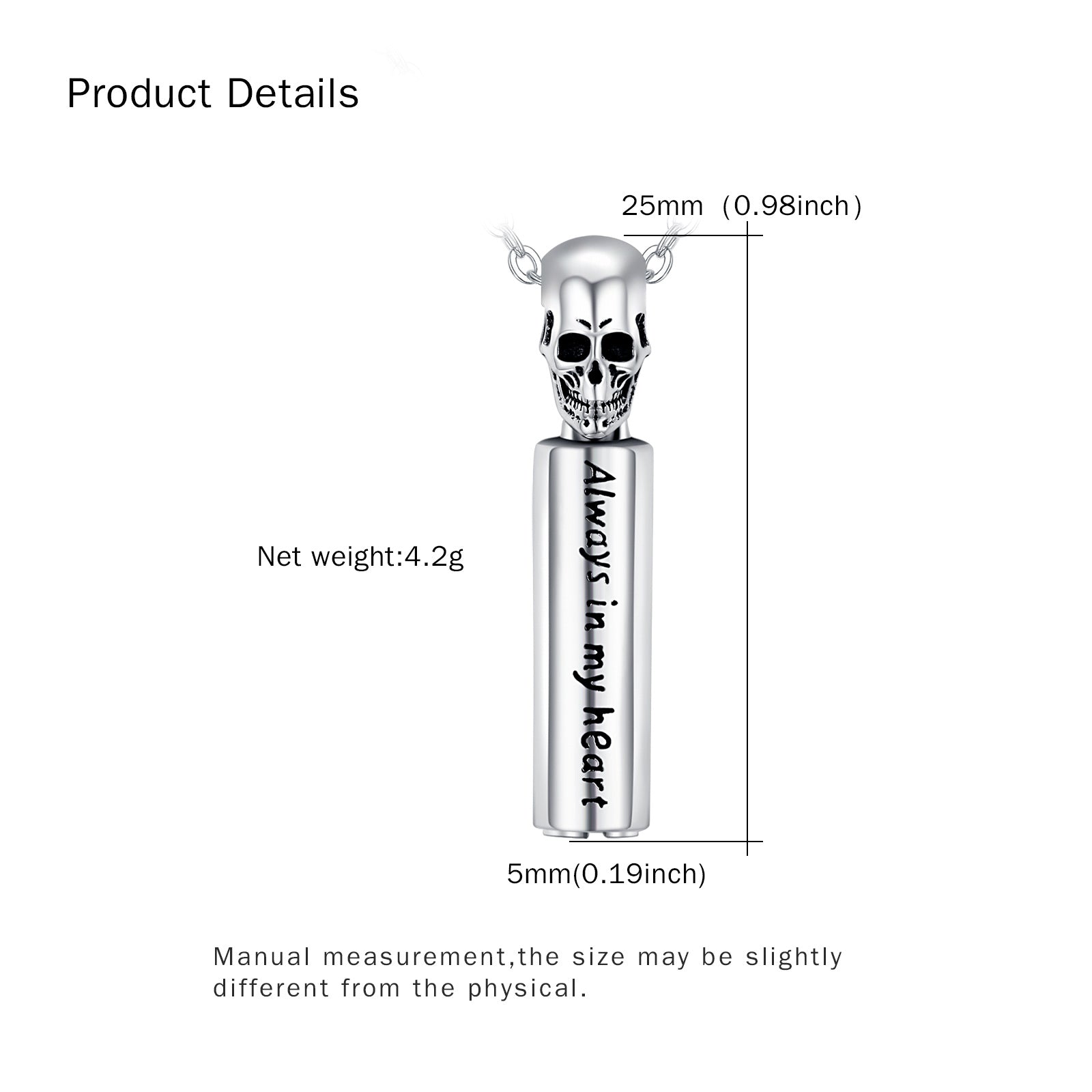 Sterling Silver Skull Bar Urn Necklace for Ashes with Engraved Word