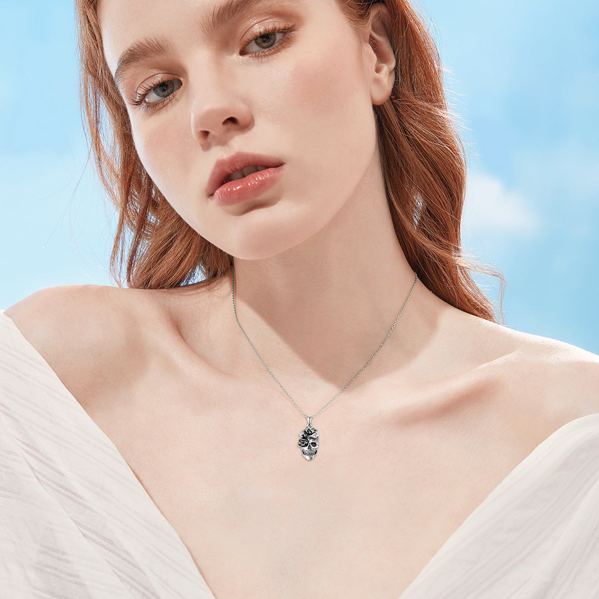Sterling Silver Rose & Skull Pendant Necklace for Women Men