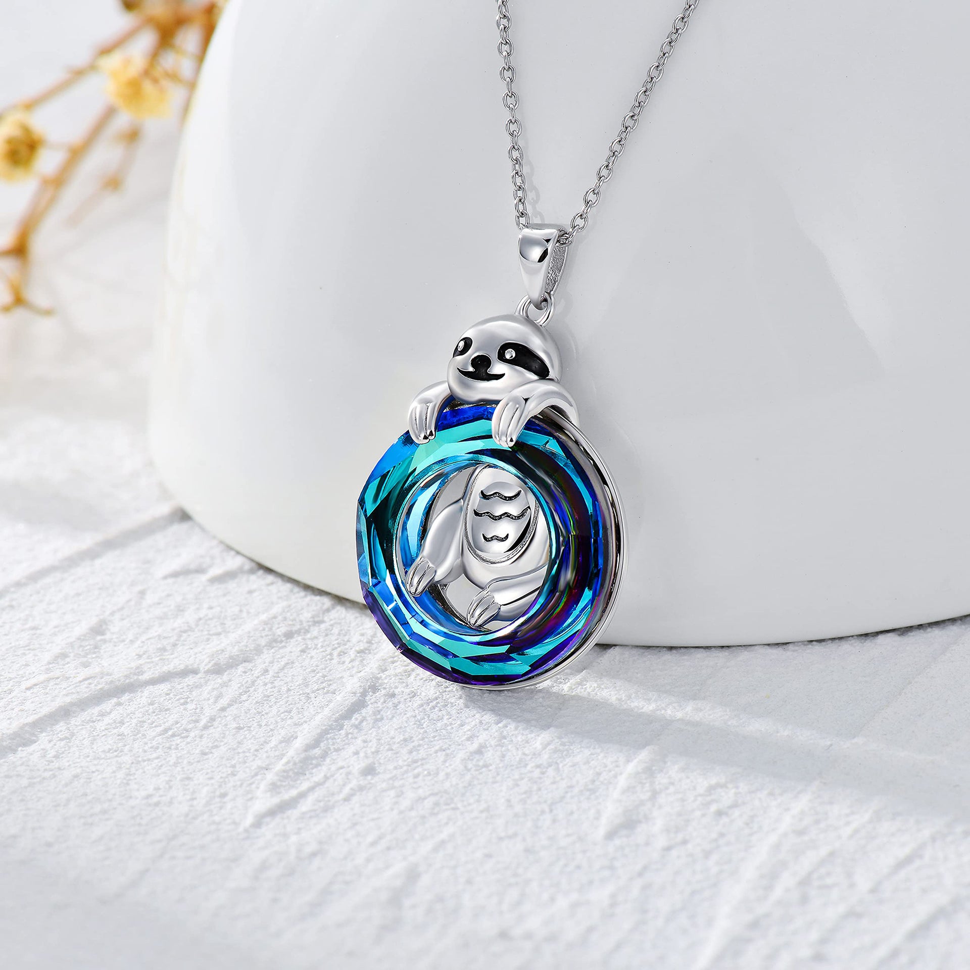 Sterling Silver Sloth Crystal Pendant Necklace