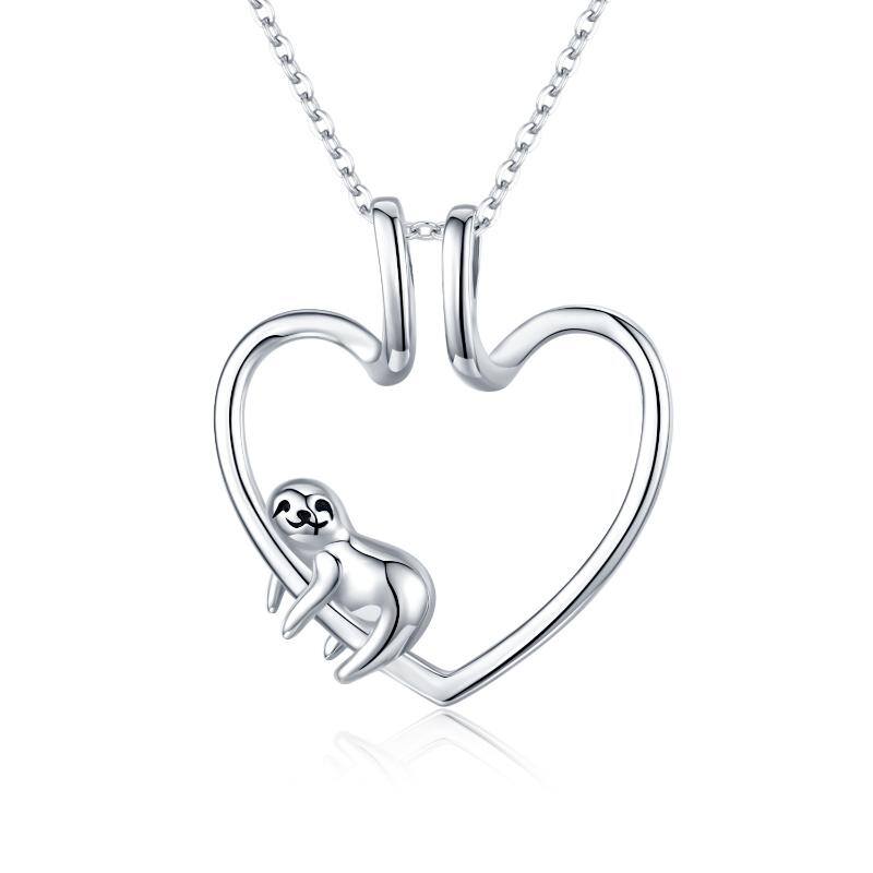 Sterling Silver Sloth & Heart Ring Holder Pendant Necklace For Women