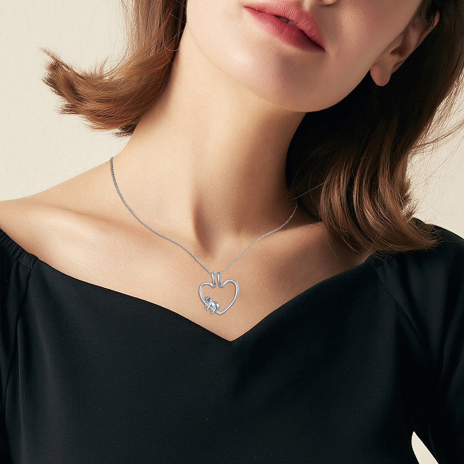 Sterling Silver Sloth & Heart Ring Holder Pendant Necklace For Women