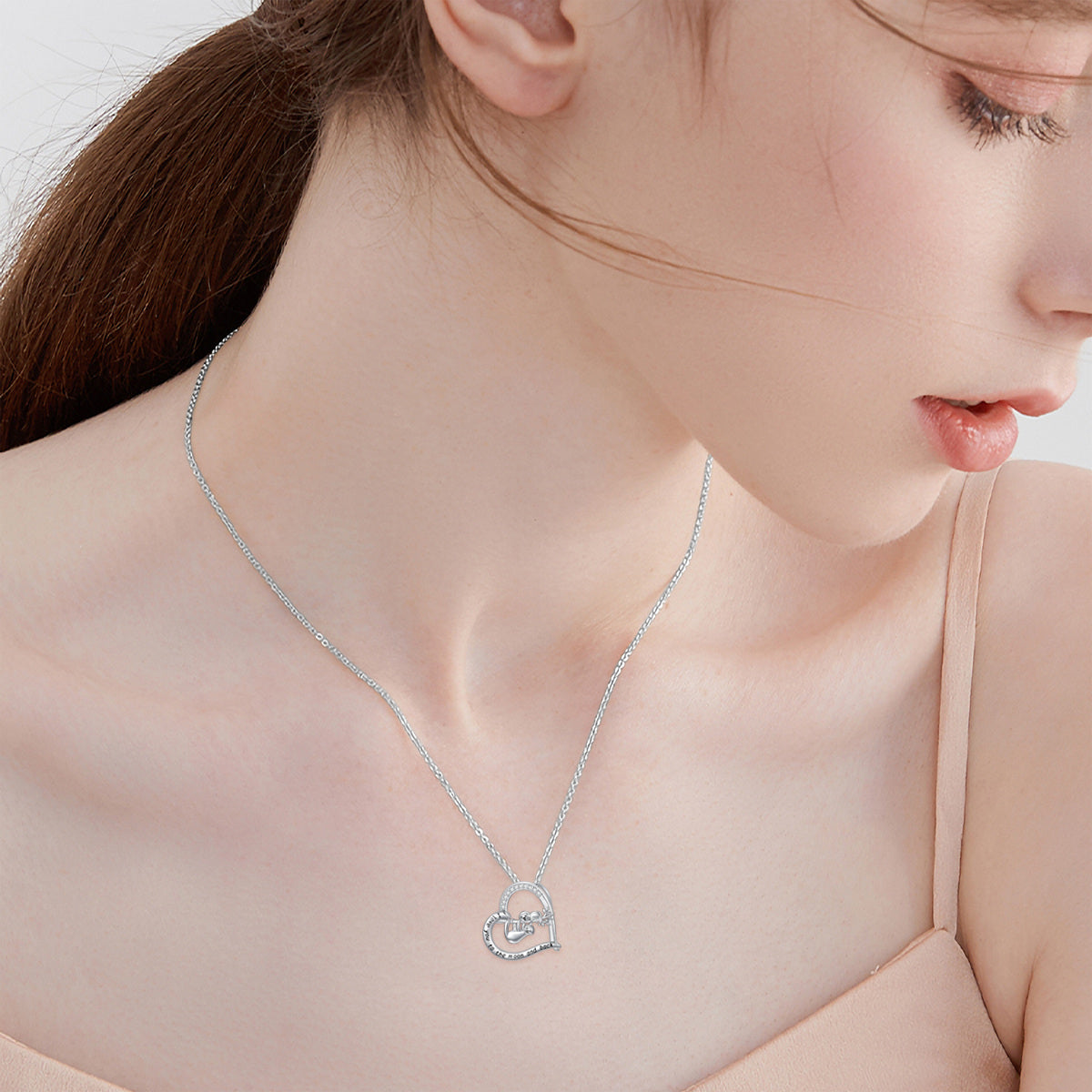 Sterling Silver Cubic Zirconia Sloth Mom & Baby Heart Pendant Necklace with Engraved Word