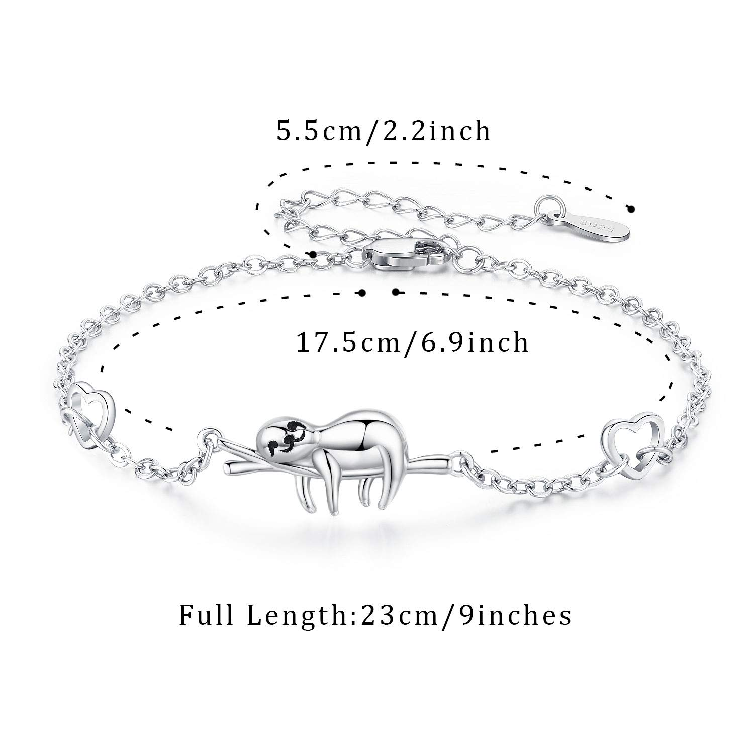 Sterling Silver Sloth On Branch Heart Charm Bracelet