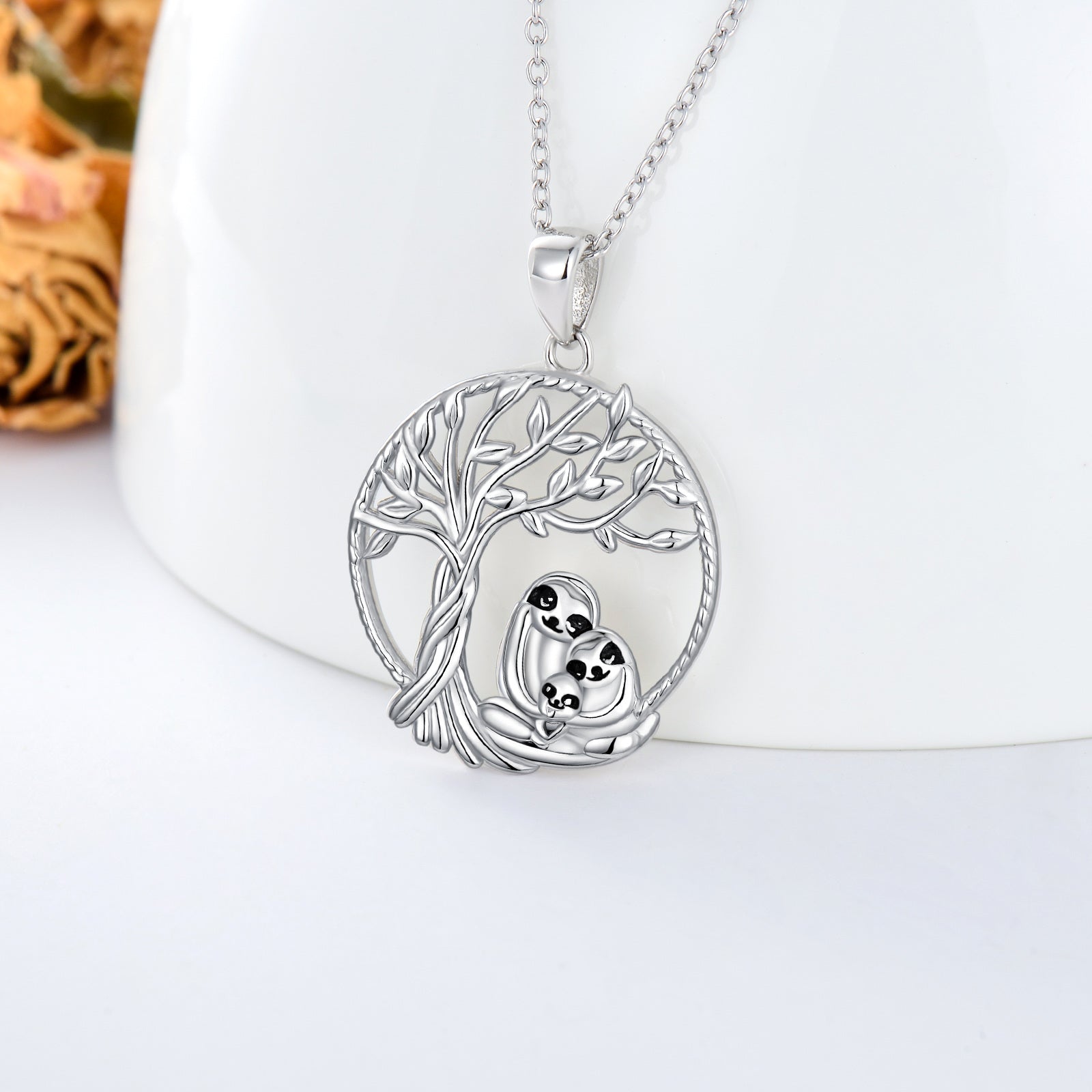 Sterling Silver Sloth & Tree Of Life Pendant Necklace
