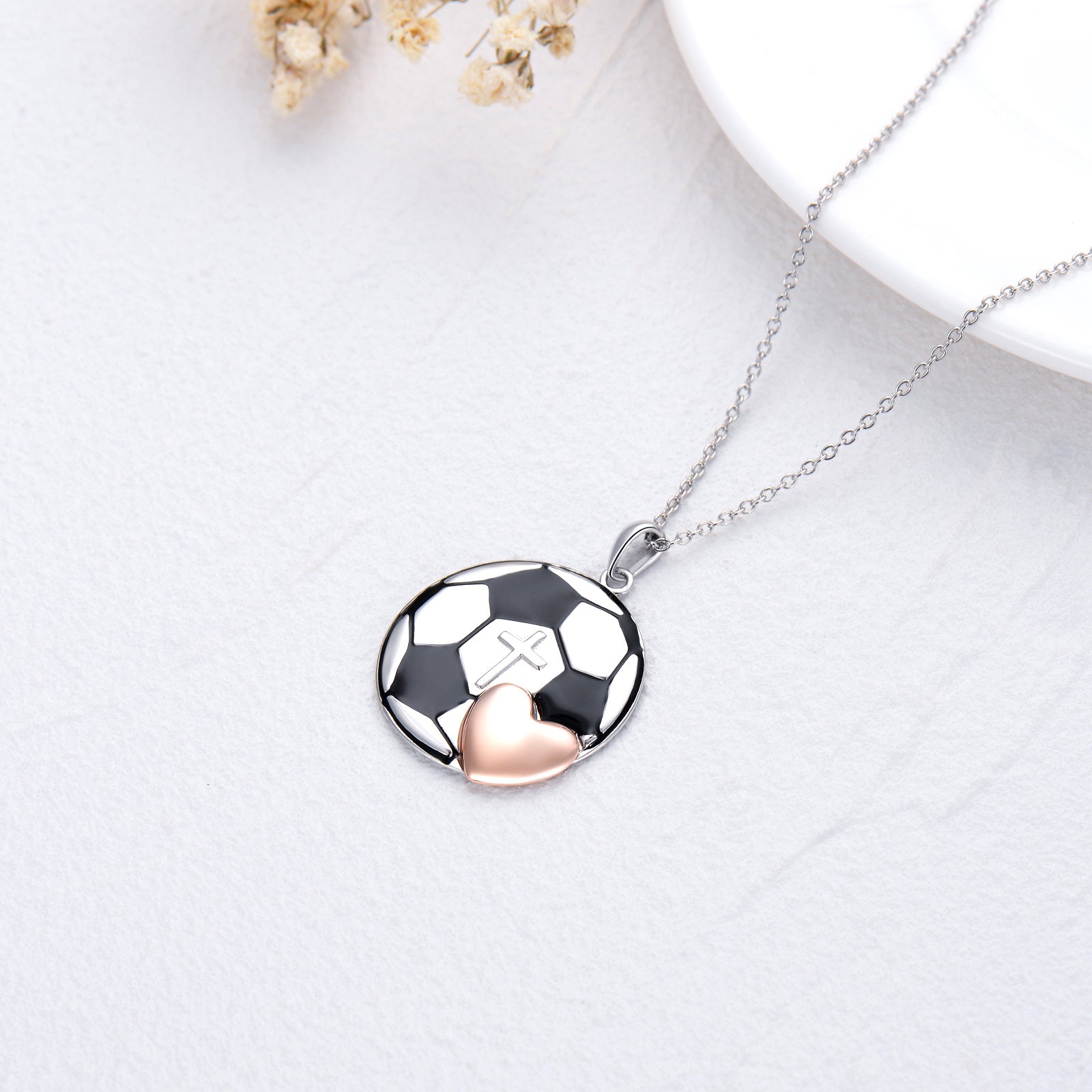 Sterling Silver Two-tone Basketball Cross & Heart Pendant Necklace with Engraved Word