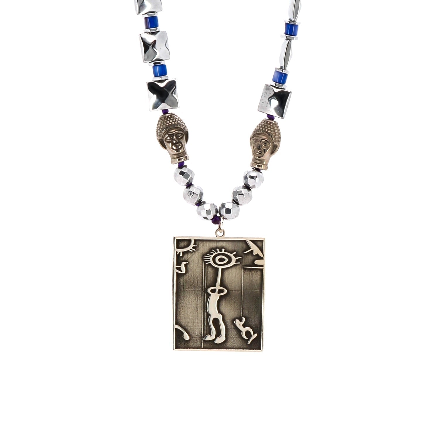 Sterling Silver Spiritual Shaman Pendant Silver Hematite & Buddha Beaded Necklace - Silver