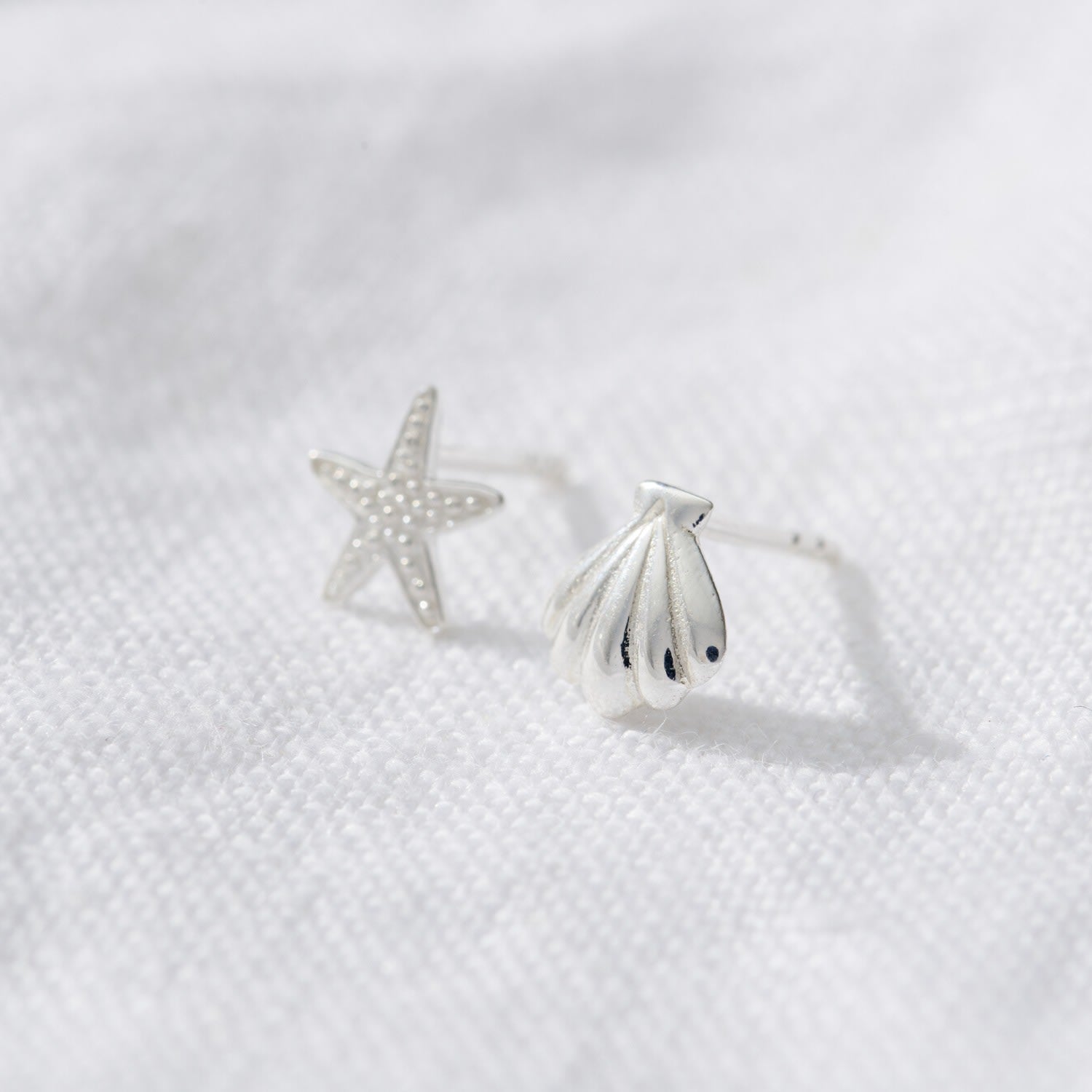 Sterling Silver Starfish & Shell Stud Earrings
