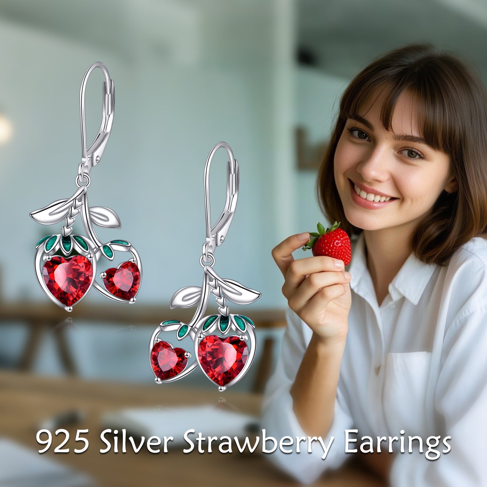 Sterling Silver Cubic Zirconia Strawberry Lever-back Earrings
