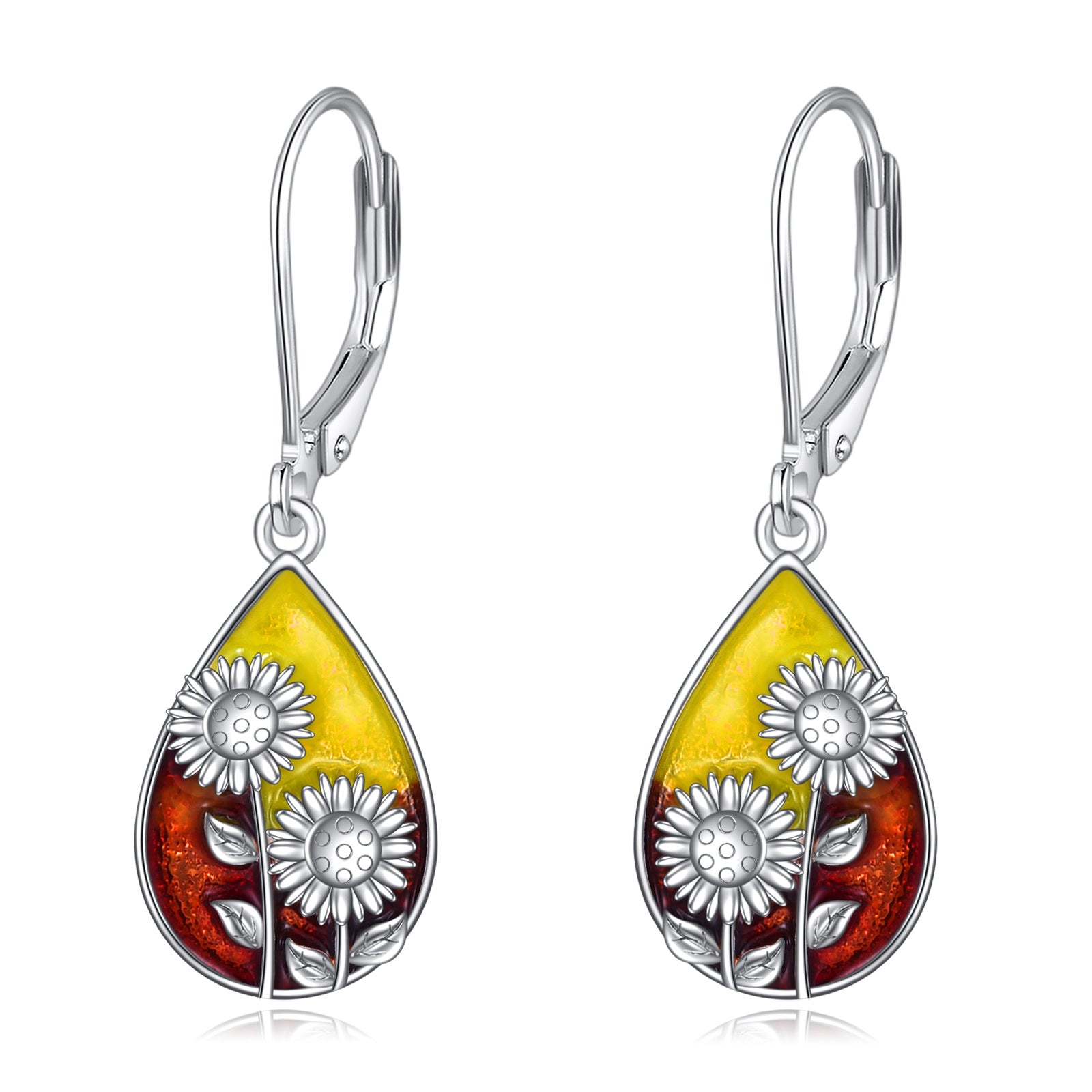 Sterling Silver Sunflower & Drop Shape Lever-back Earrings