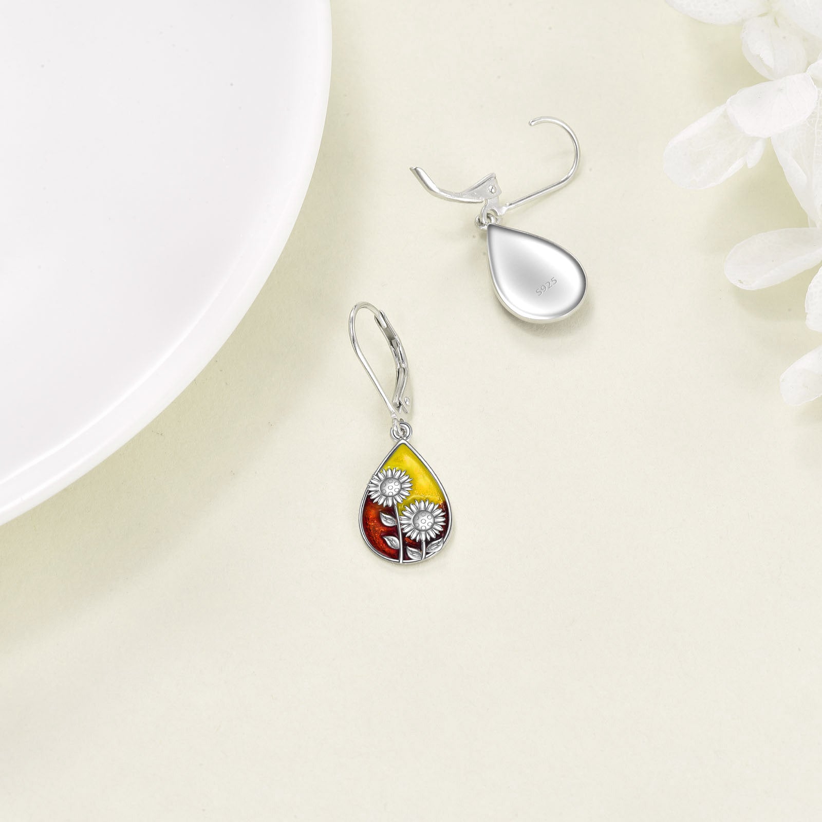 Sterling Silver Sunflower & Drop Shape Lever-back Earrings