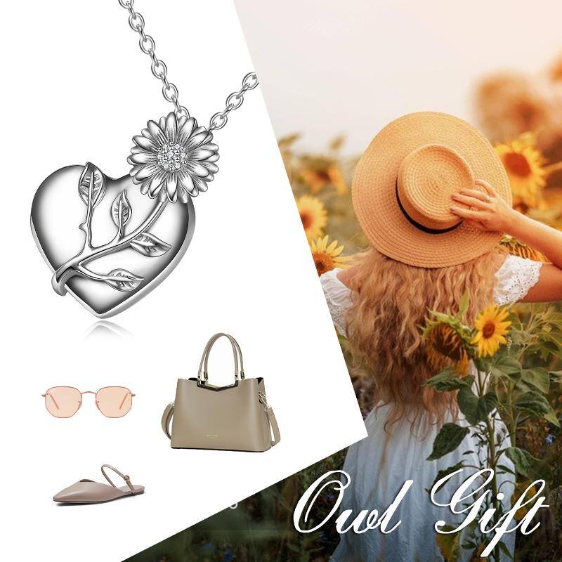 Sterling Silver Cubic Zirconia Sunflower & Heart Urn Necklace for Ashes with Engraved Word