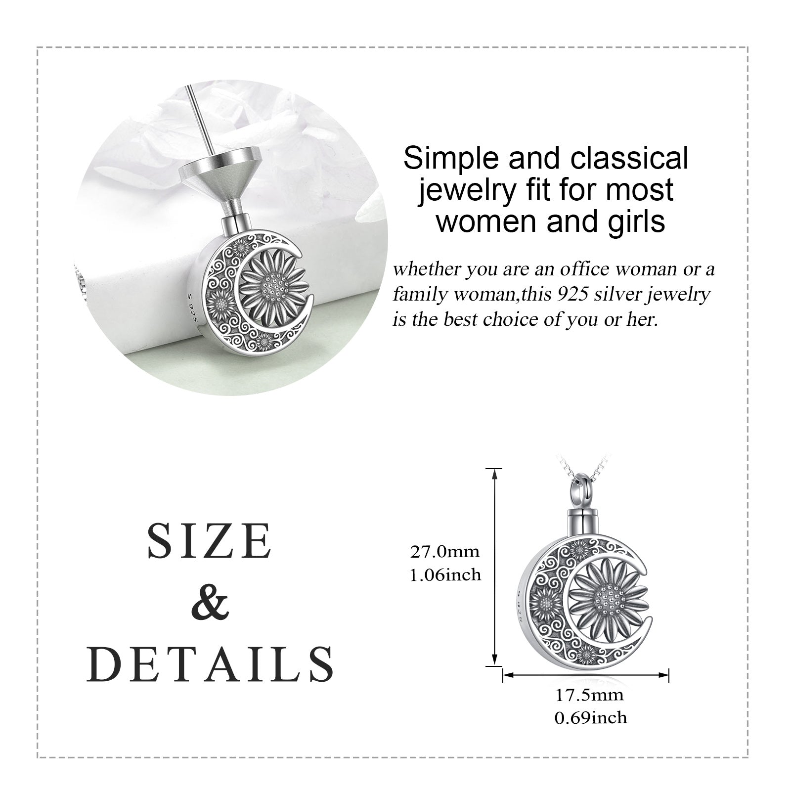 Sterling Silver Sunflower & Moon Urn Necklace for Ashes