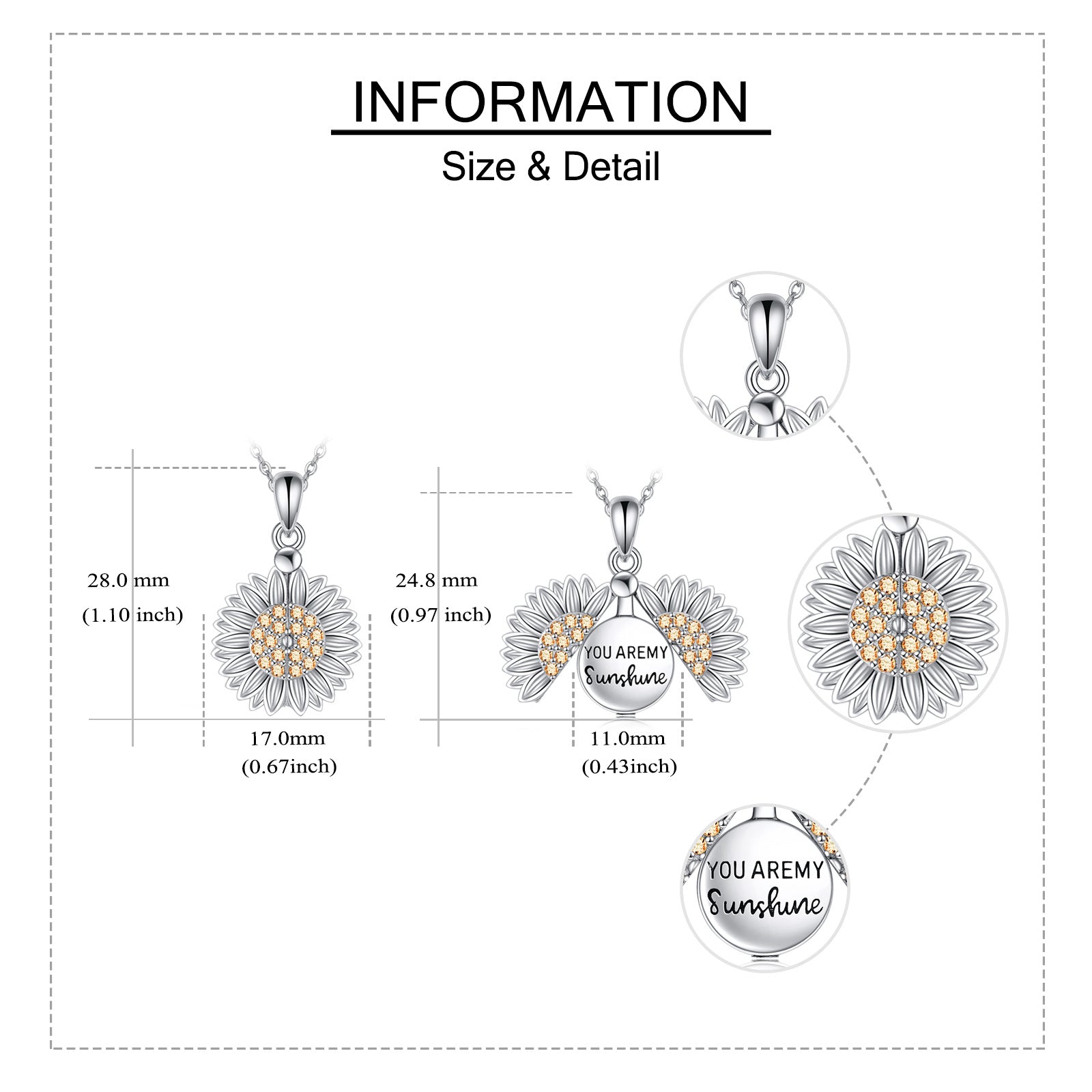 Sterling Silver Cubic Zirconia Sunflower Urn Necklace for Ashes with Engraved Word