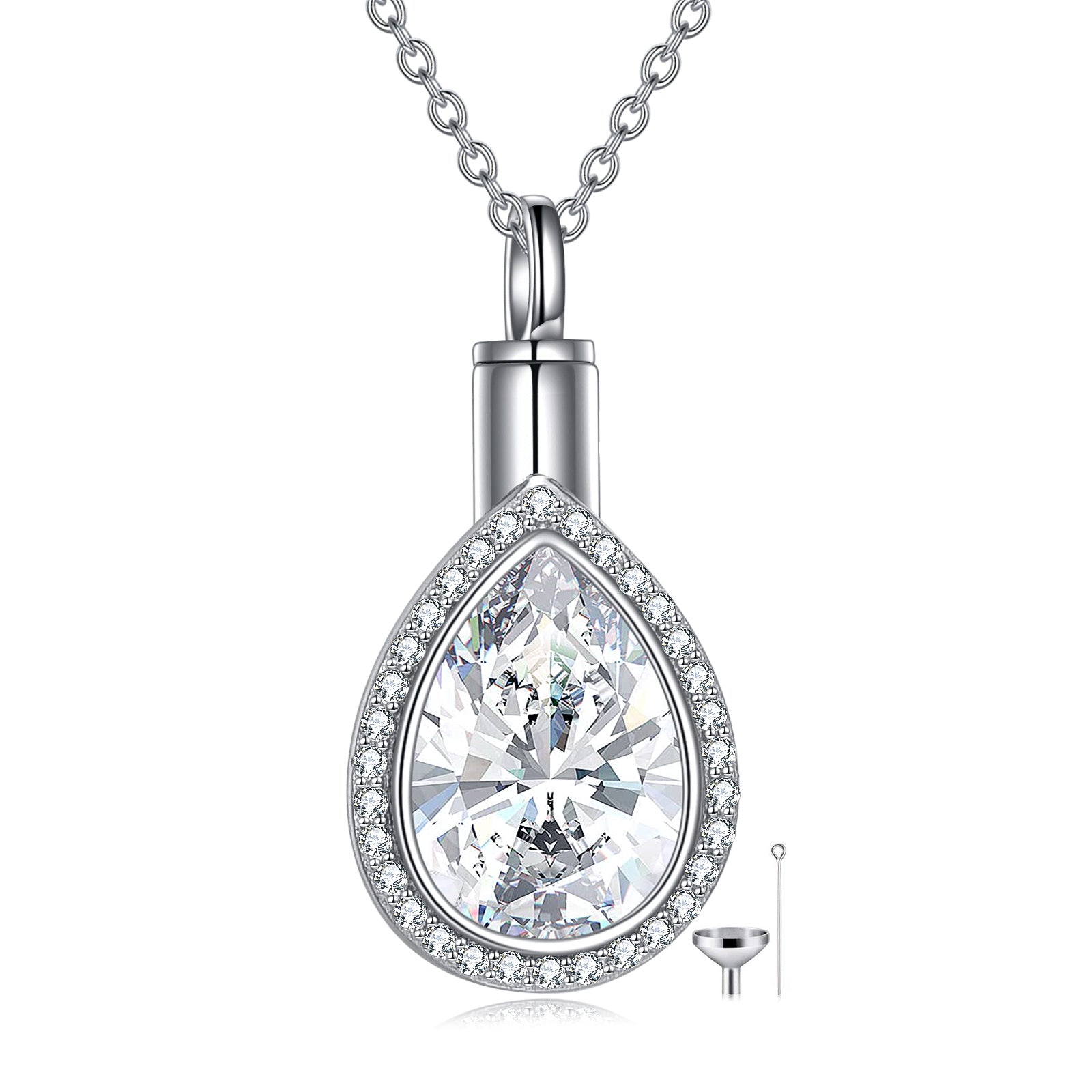 Sterling Silver Cubic Zirconia Tear Drop Shape Urn Necklace for Ashes