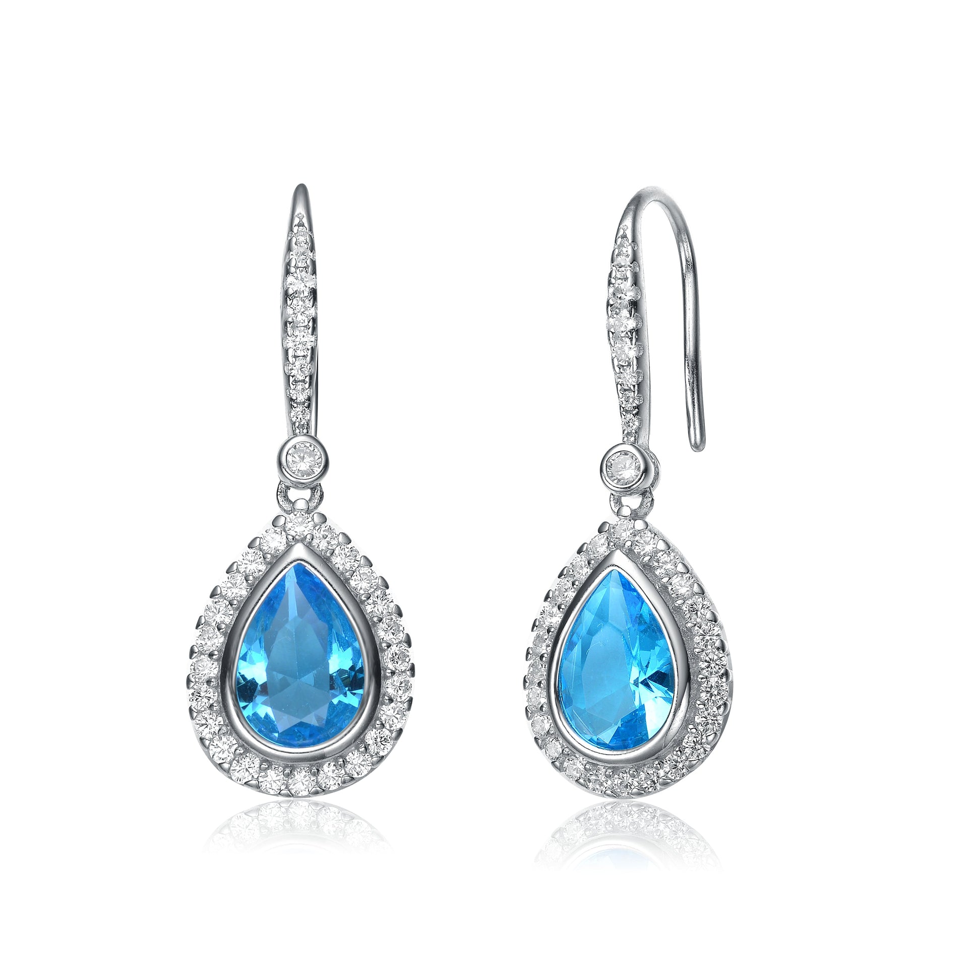Sterling Silver White Gold Plated With Blue Topaz Cubic Zirconia Accent Dangle Earrings