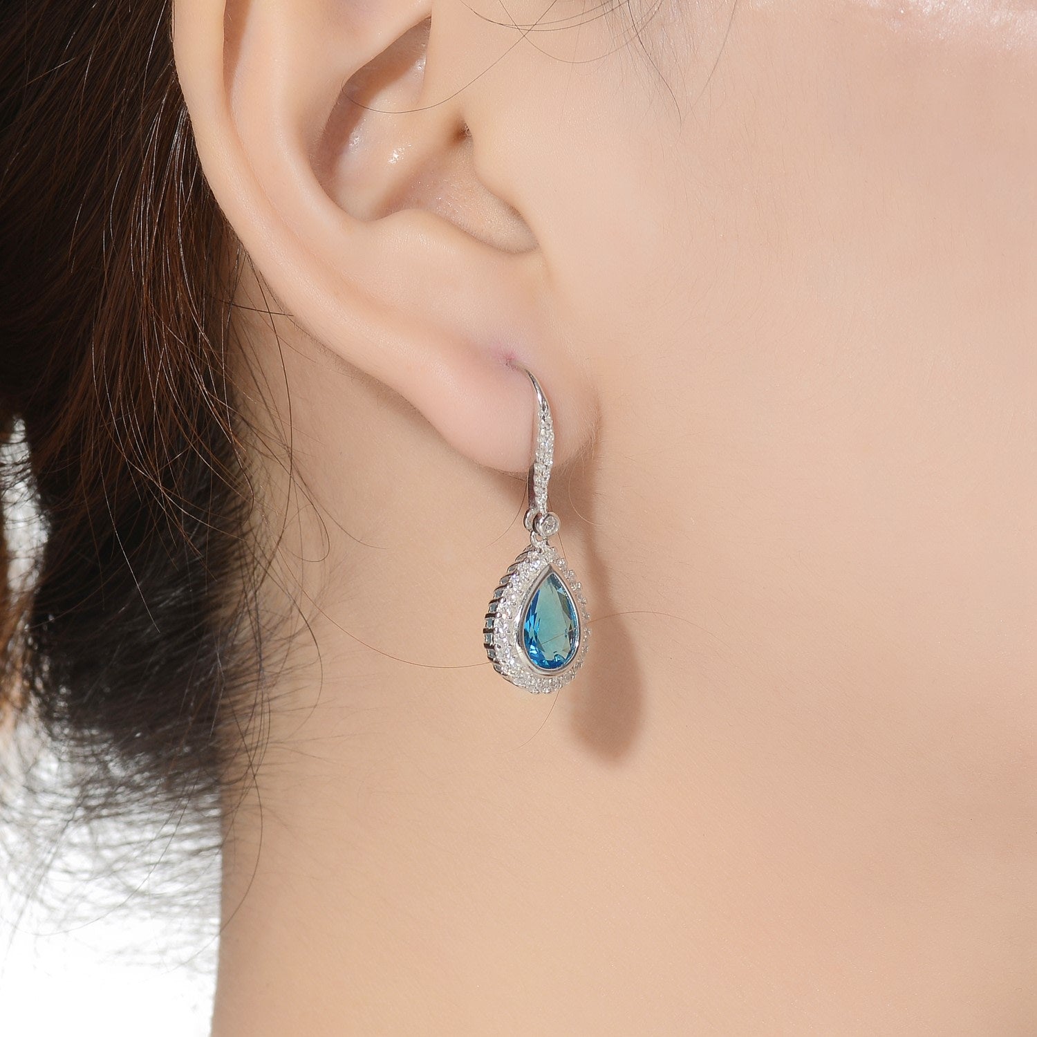 Sterling Silver White Gold Plated With Blue Topaz Cubic Zirconia Accent Dangle Earrings