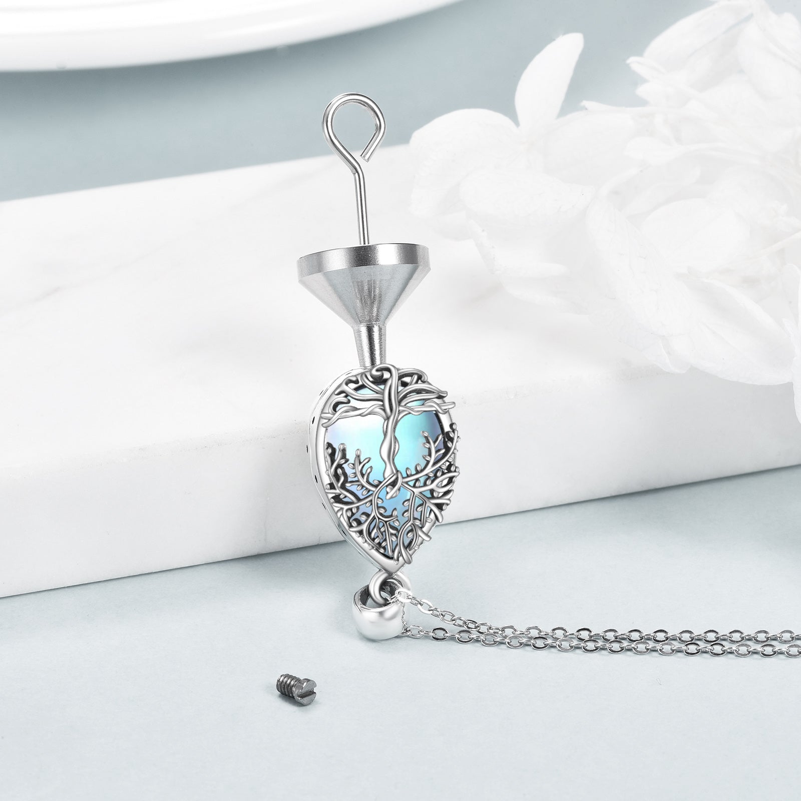 Sterling Silver Teardrop/Pear-shaped Moonstone Tree Of Life & Drop Shape Urn Necklace for Ashes with Engraved Word